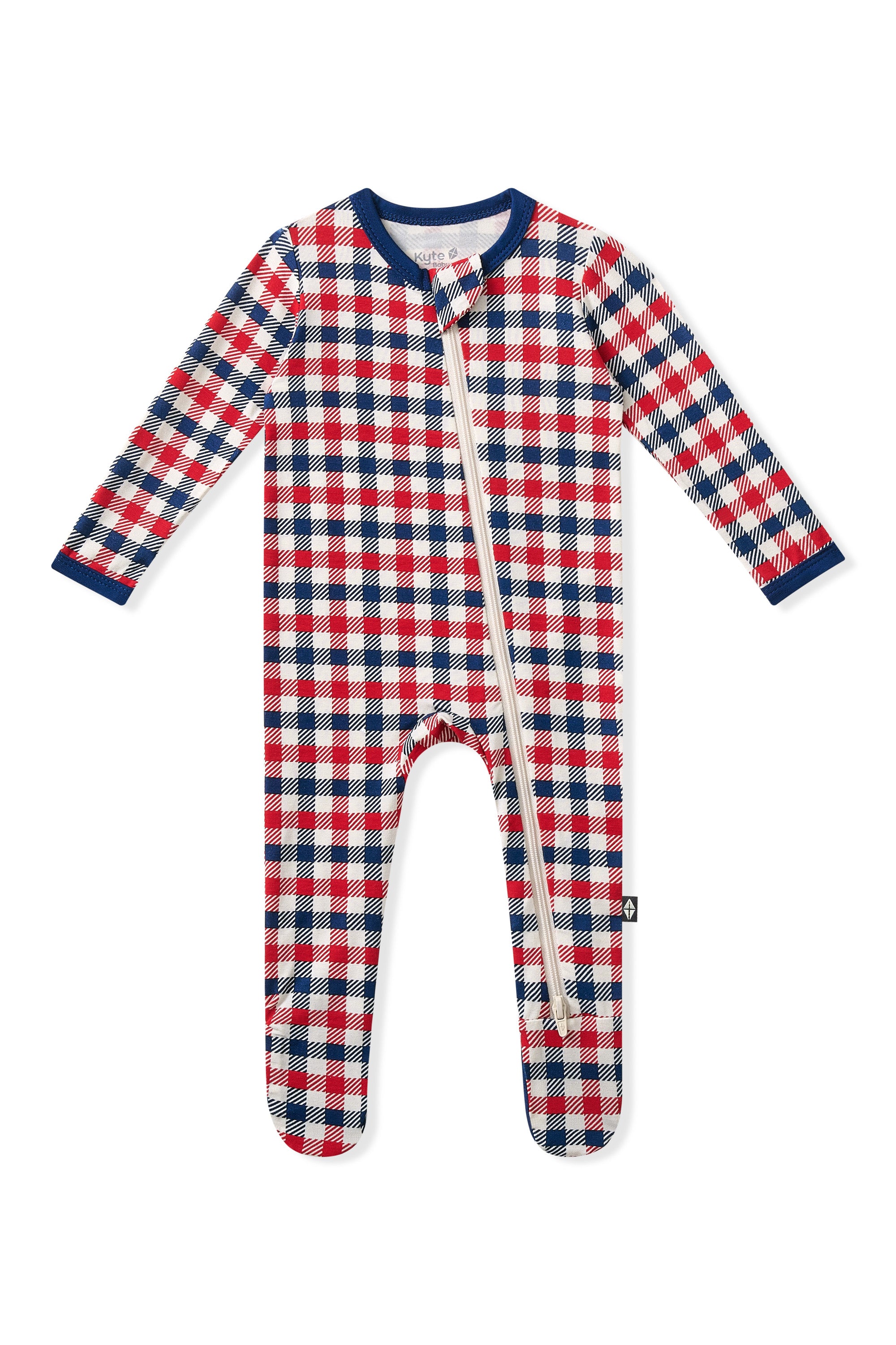 Zippered Footie in red blue and white Patriotic Gingham check print on a white background