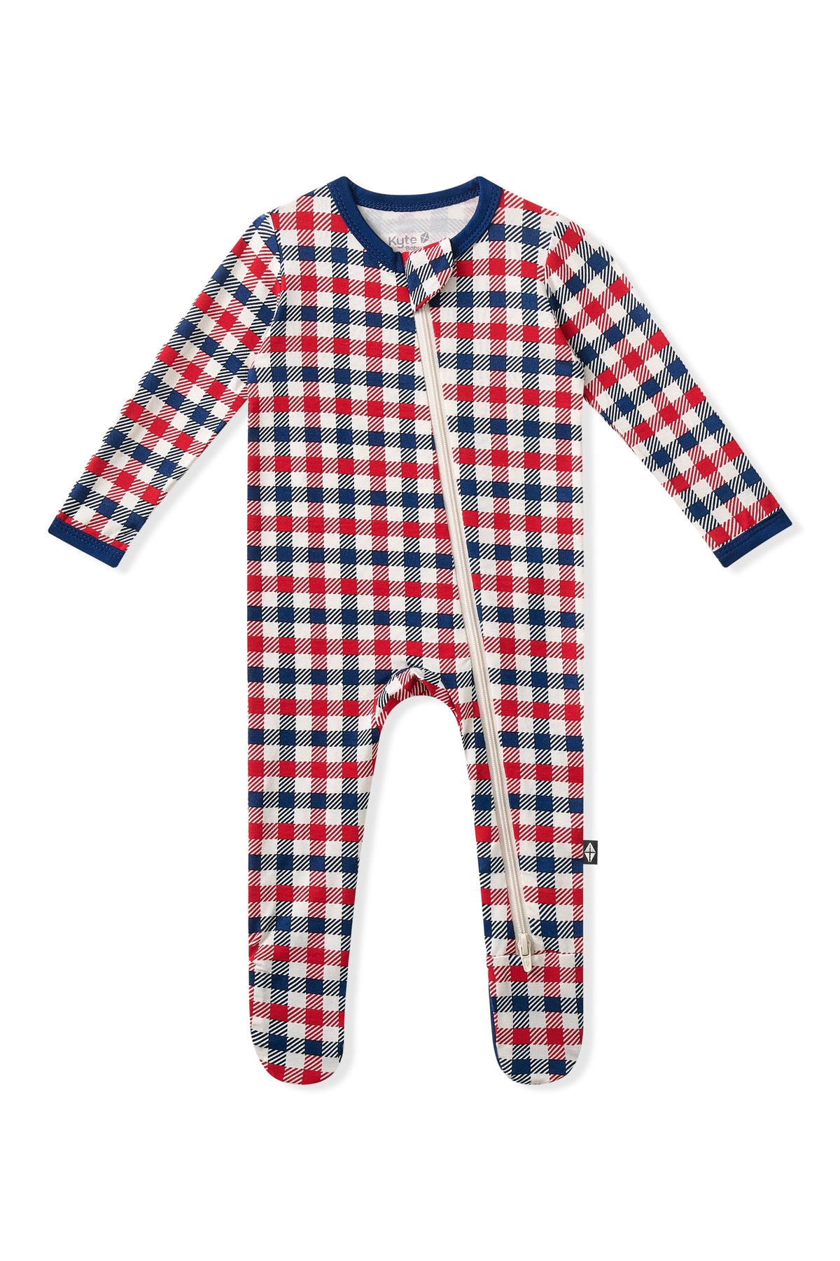 Zippered Footie in red blue and white Patriotic Gingham check print on a white background