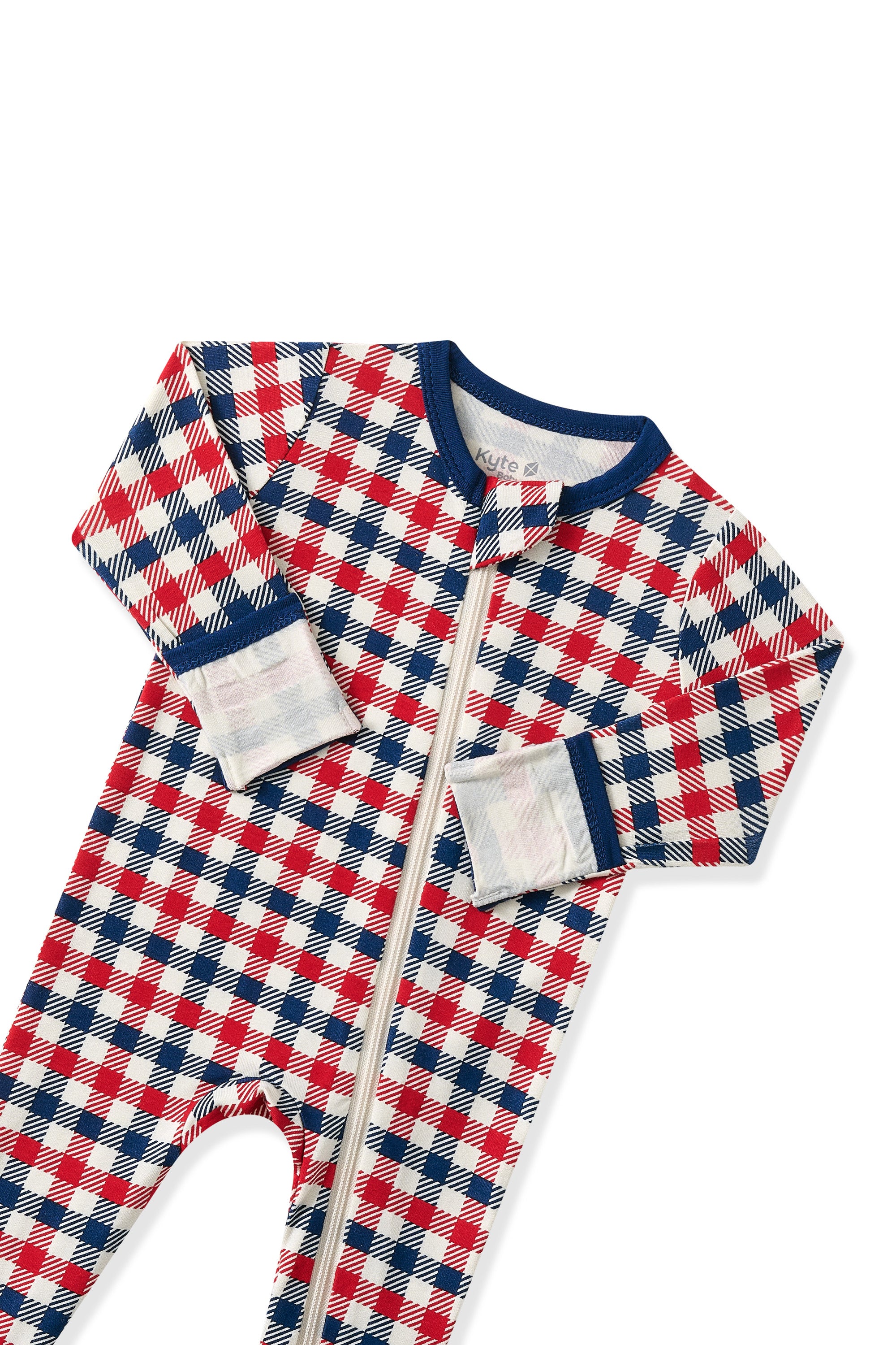 Zippered Footie in red blue and white Patriotic Gingham check print on a white background