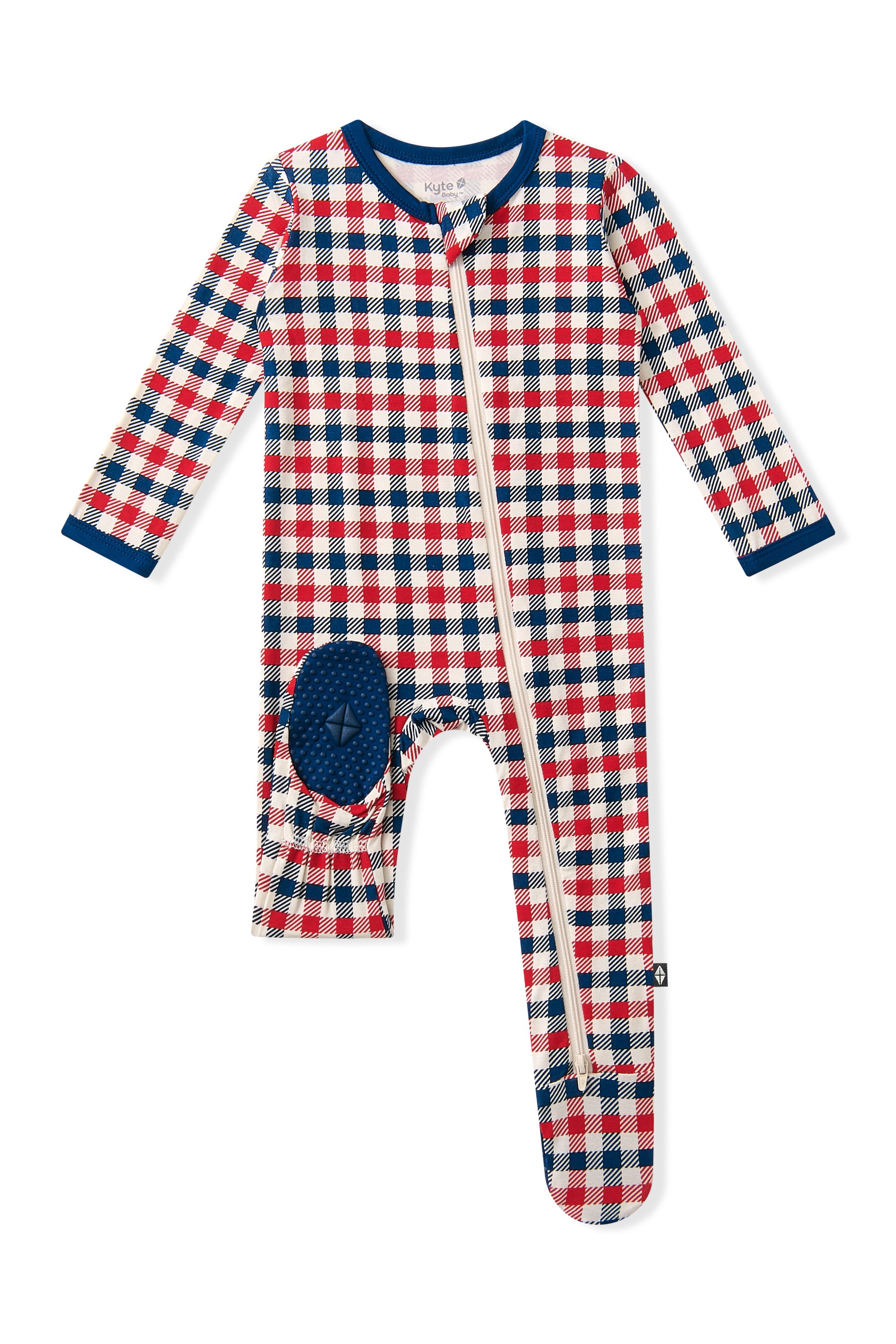 Zippered Footie in red blue and white Patriotic Gingham check print on a white background