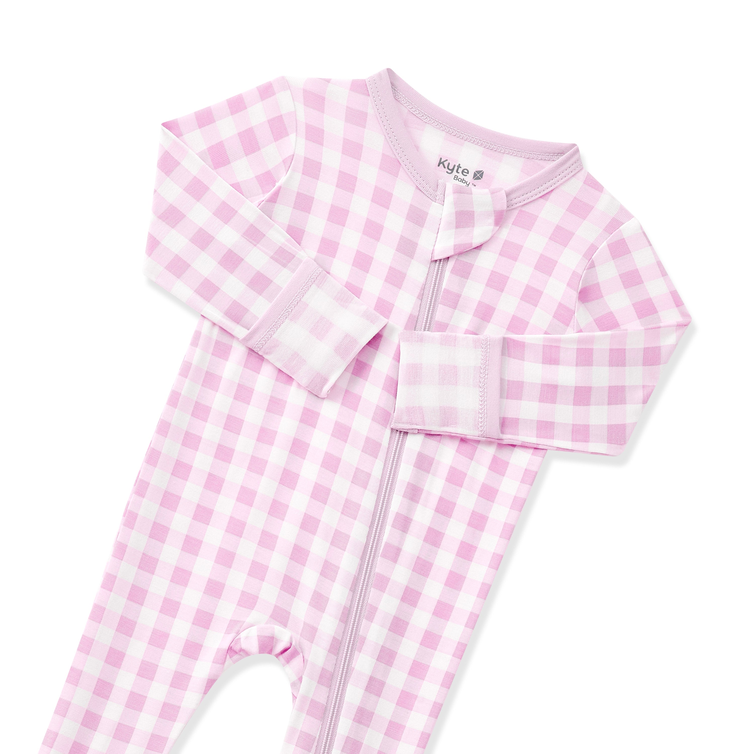 Close up of zipper garage and fold over hand cuffs shown on the Zippered Footie in Gingham Thistle