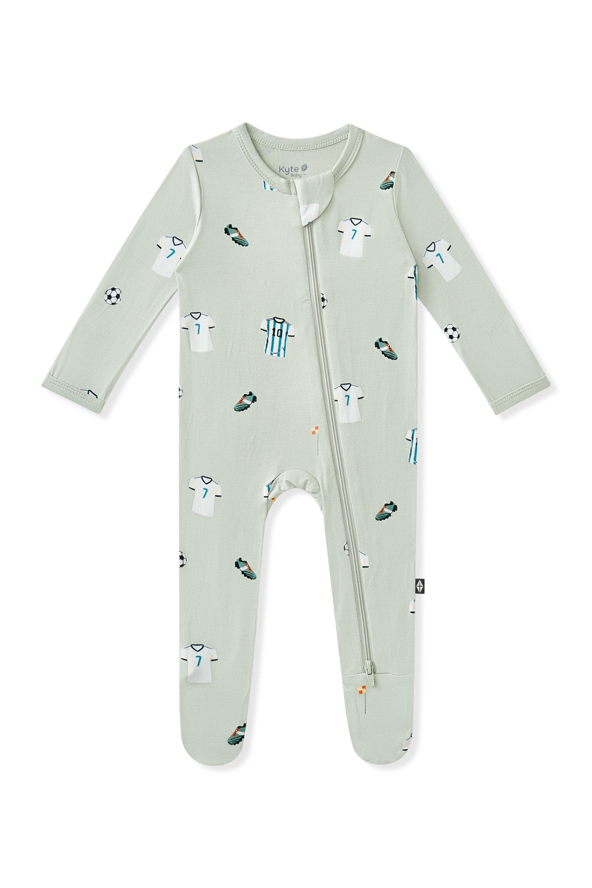 Zippered Footie in Soccer print on white background