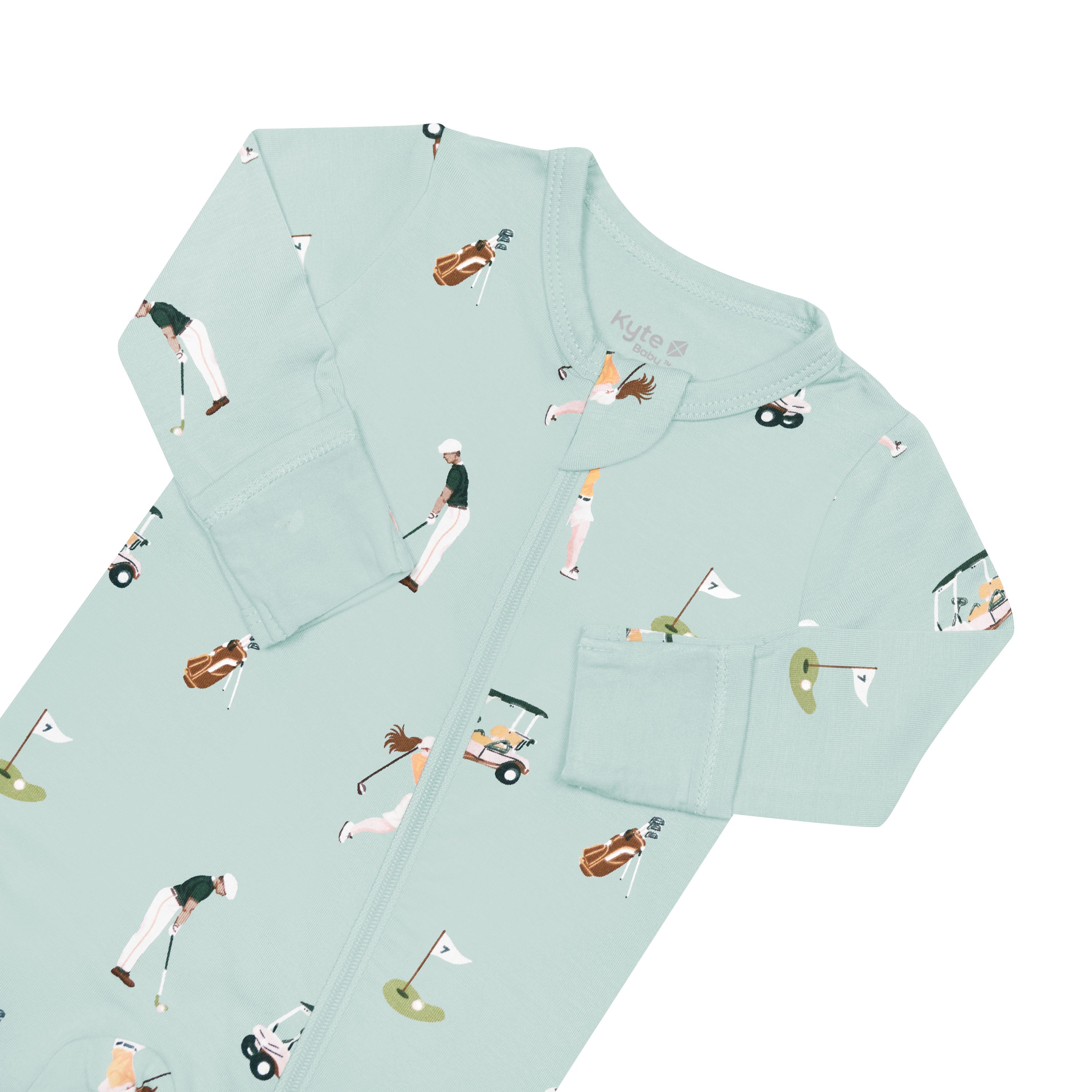 Zipper garage and fold over cuffs on golf print bamboo footie pajamas