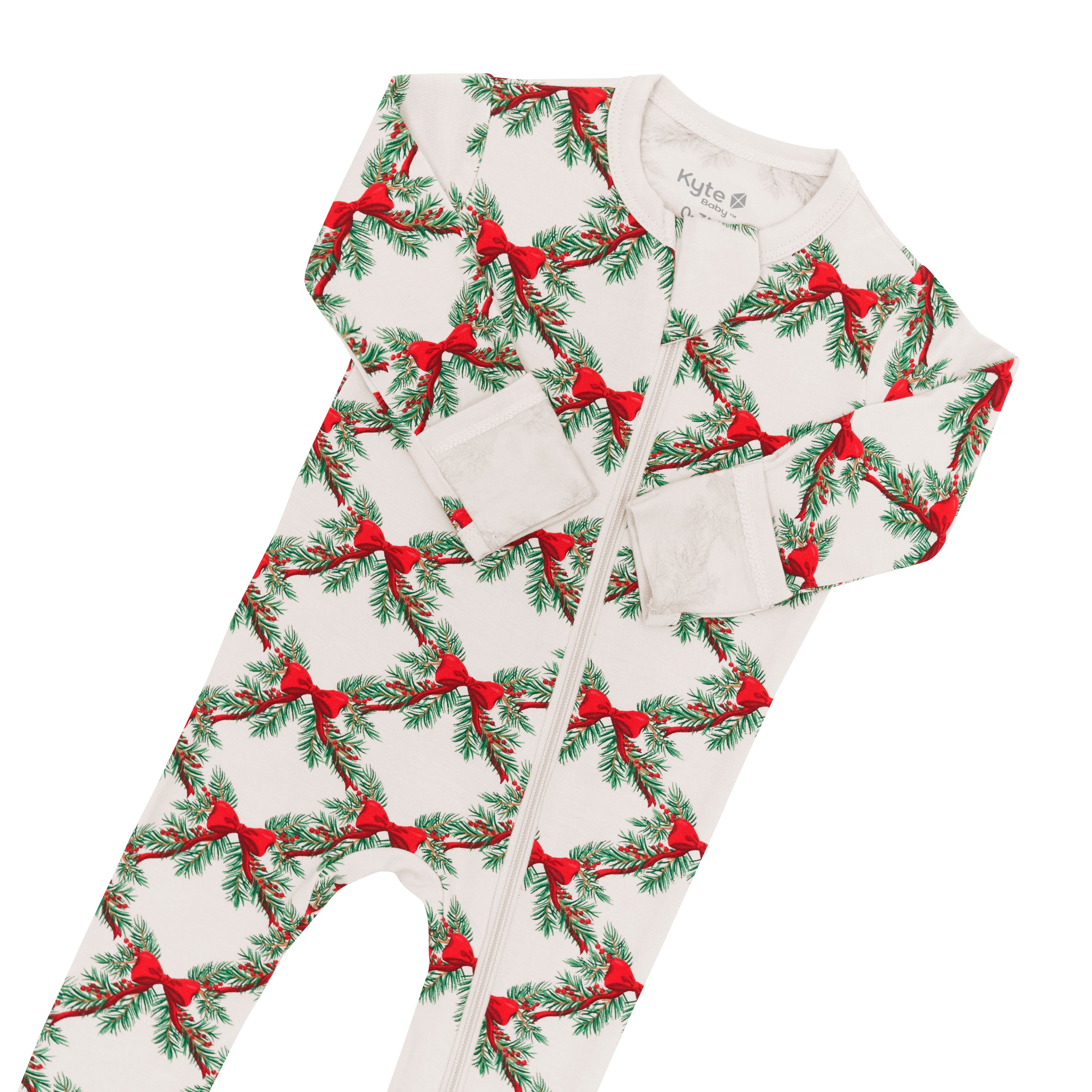 Zipper garage and fold over hand cuffs shown on the Zippered Footie in Holiday Bow