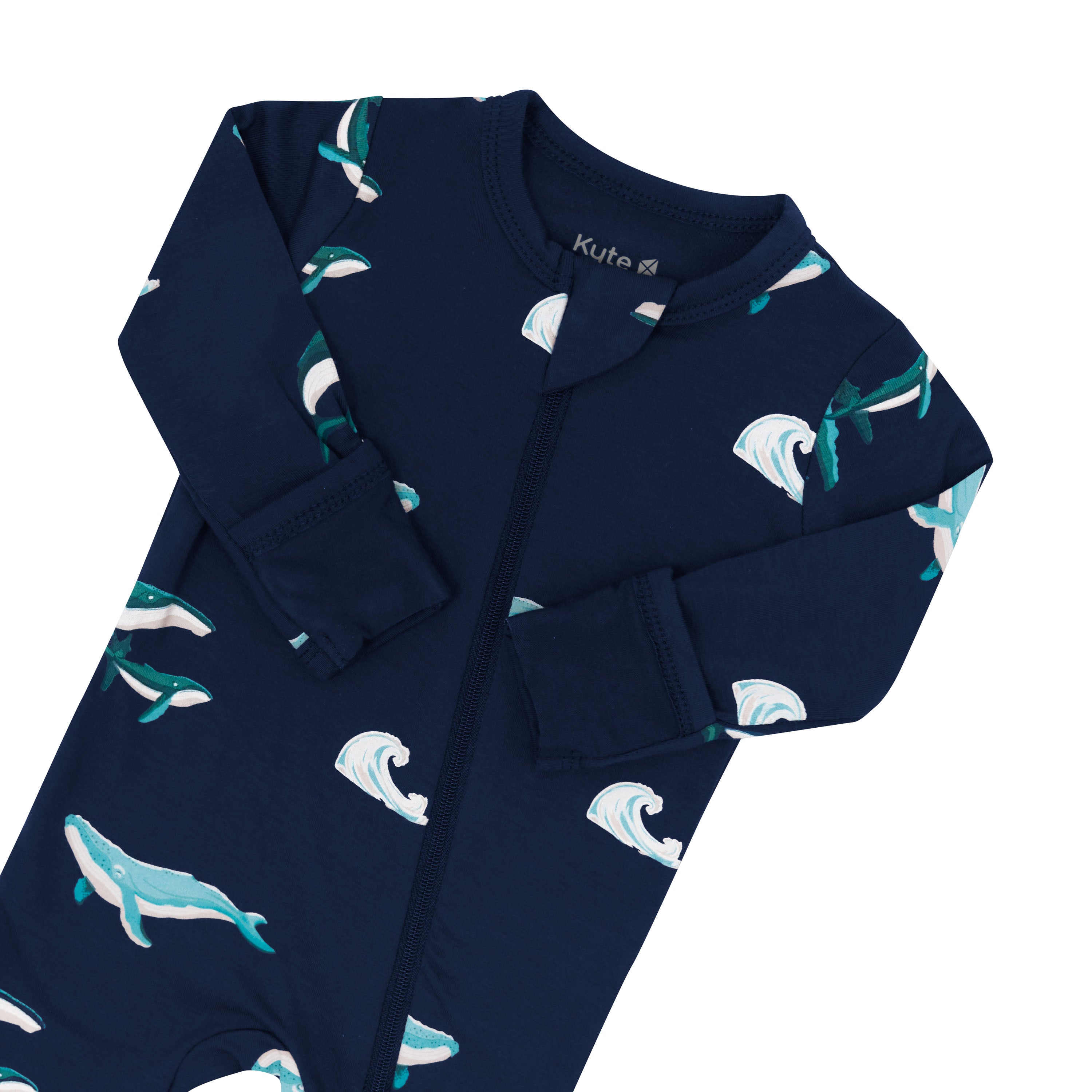 Foldable mittens on Zippered Footie navy bamboo pajamas in Humpback whale print