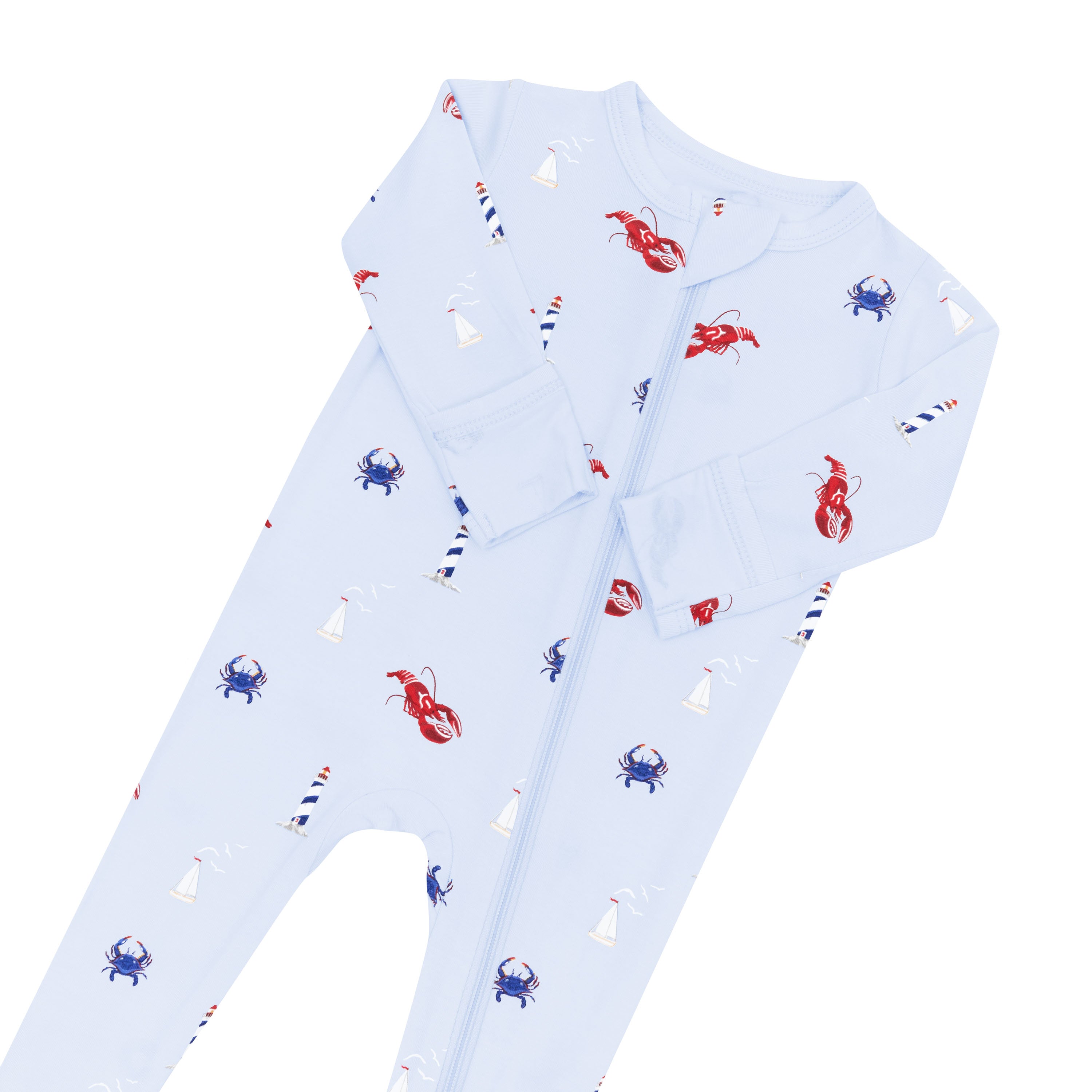 Zipper garage and fold over mittens shown on the Zippered Footie in Harbor