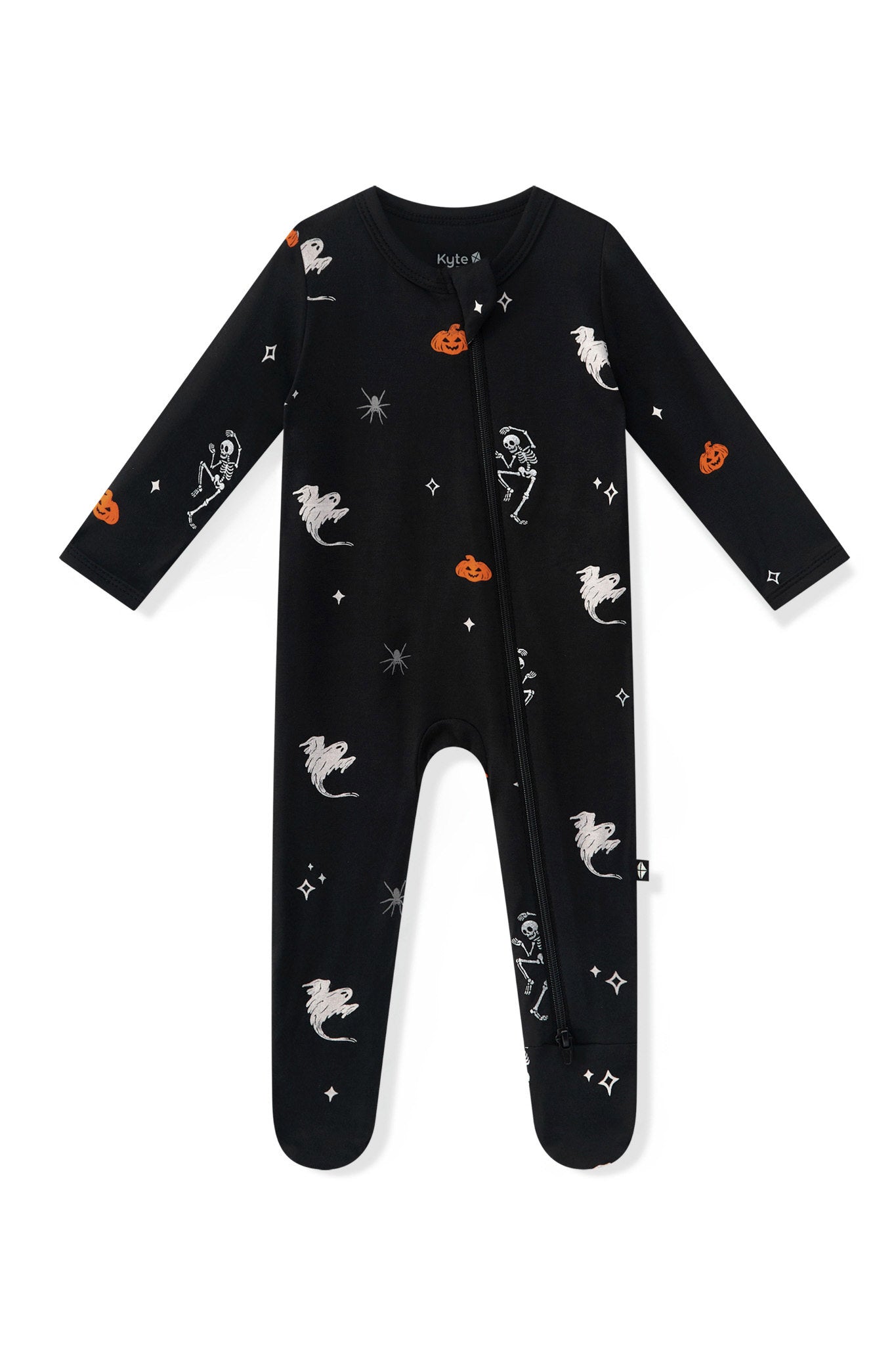Black Zippered Footie in Halloween Friends print on a white background