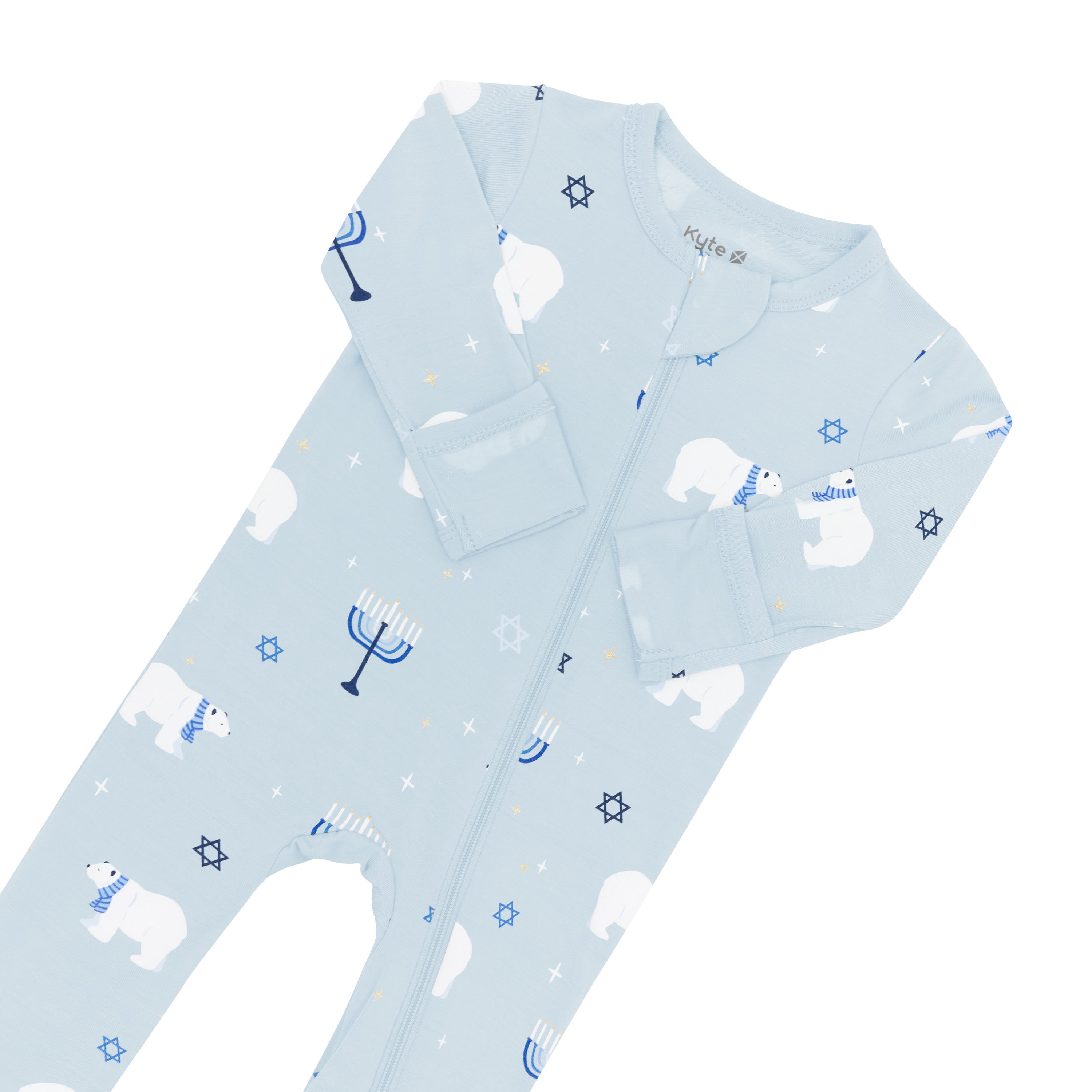 Close up of the zipper garage and fold over hand cuffs shown on the Zippered Footie in Polar Lights