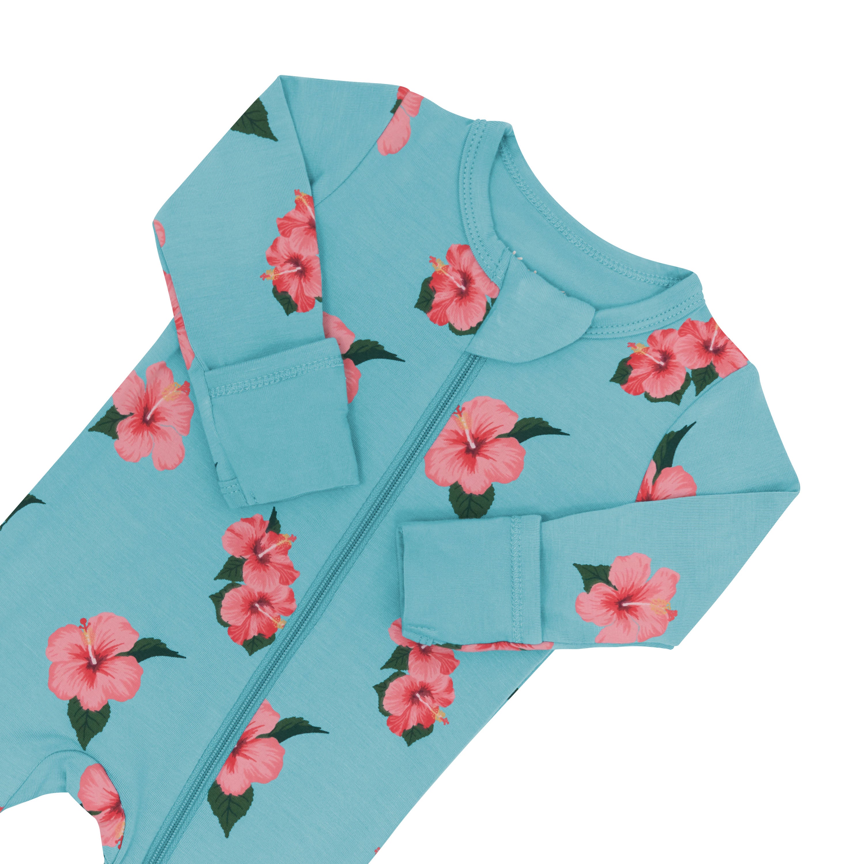Zipper garage and foldover cuffs on Zippered Footie in Hibiscus
