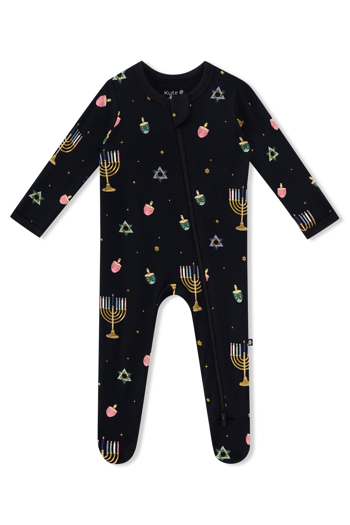 Black Zippered Footie in Hanukkah Nights print on a white background