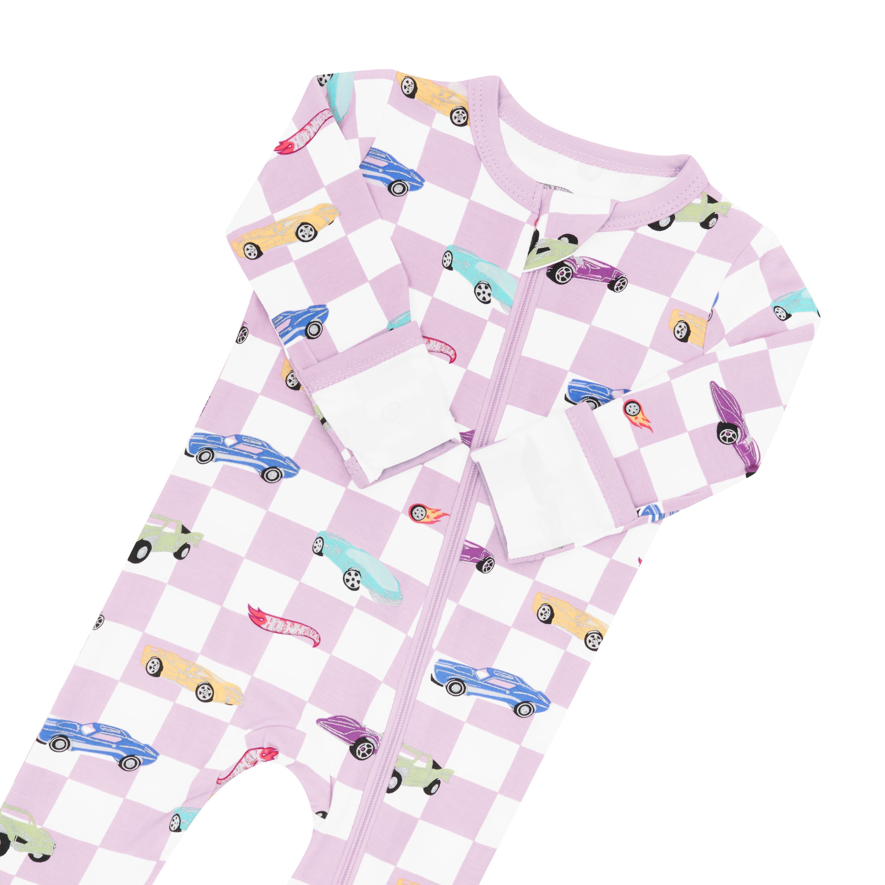 Zipper garage and fold over cuffs on Zippered Footie Hot Wheels pajamas in Sparkles and Speed