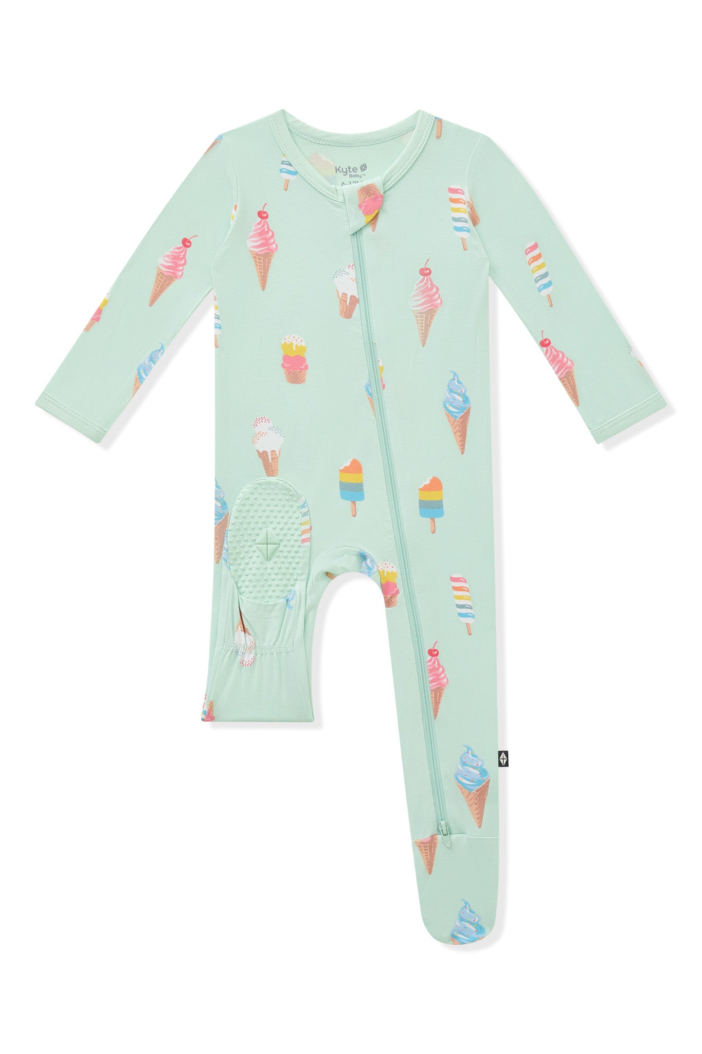 Bottom part of mint Zippered Footie in Ice Cream print on white background