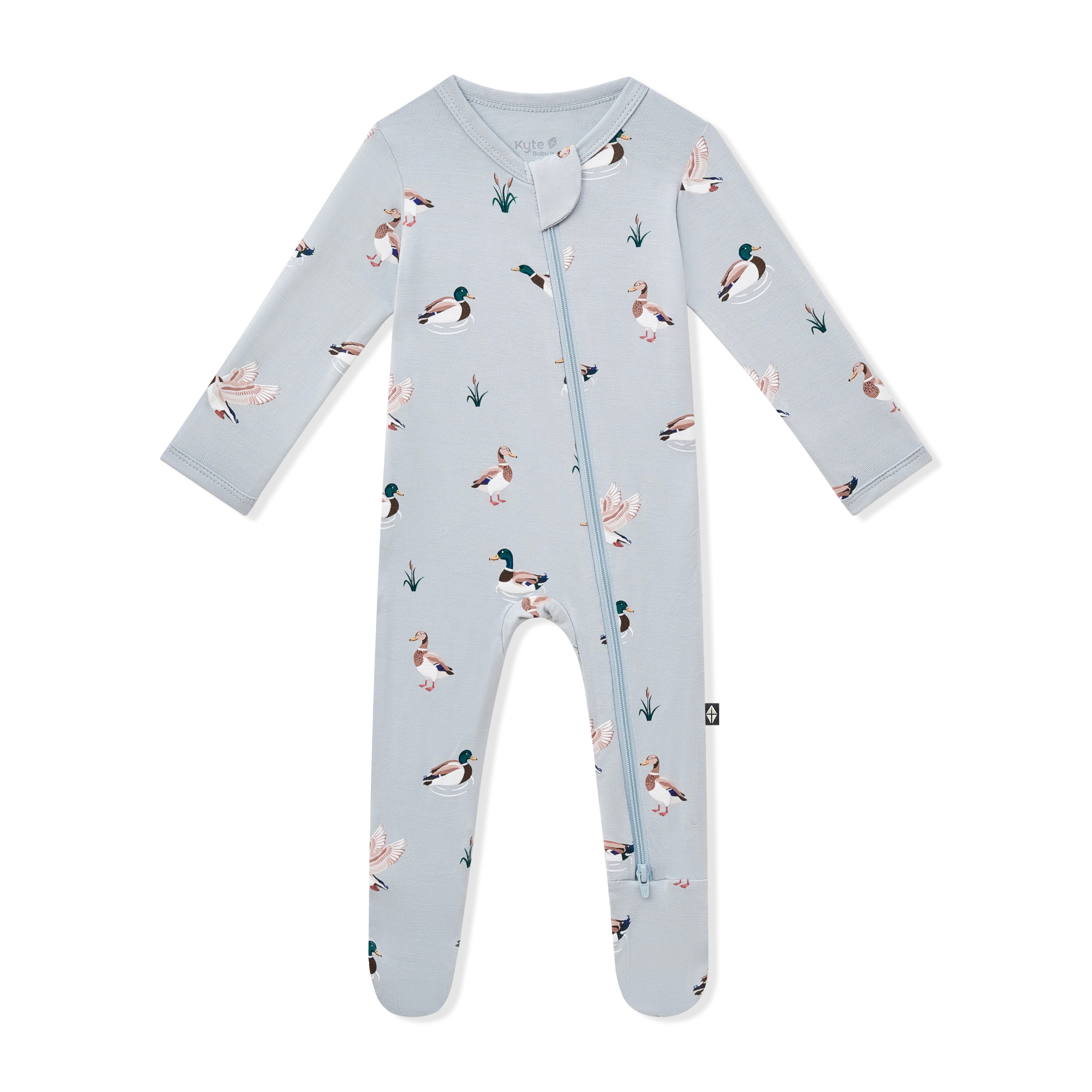 Product photo of the Zippered Footie in Mallard Duck on a white background
