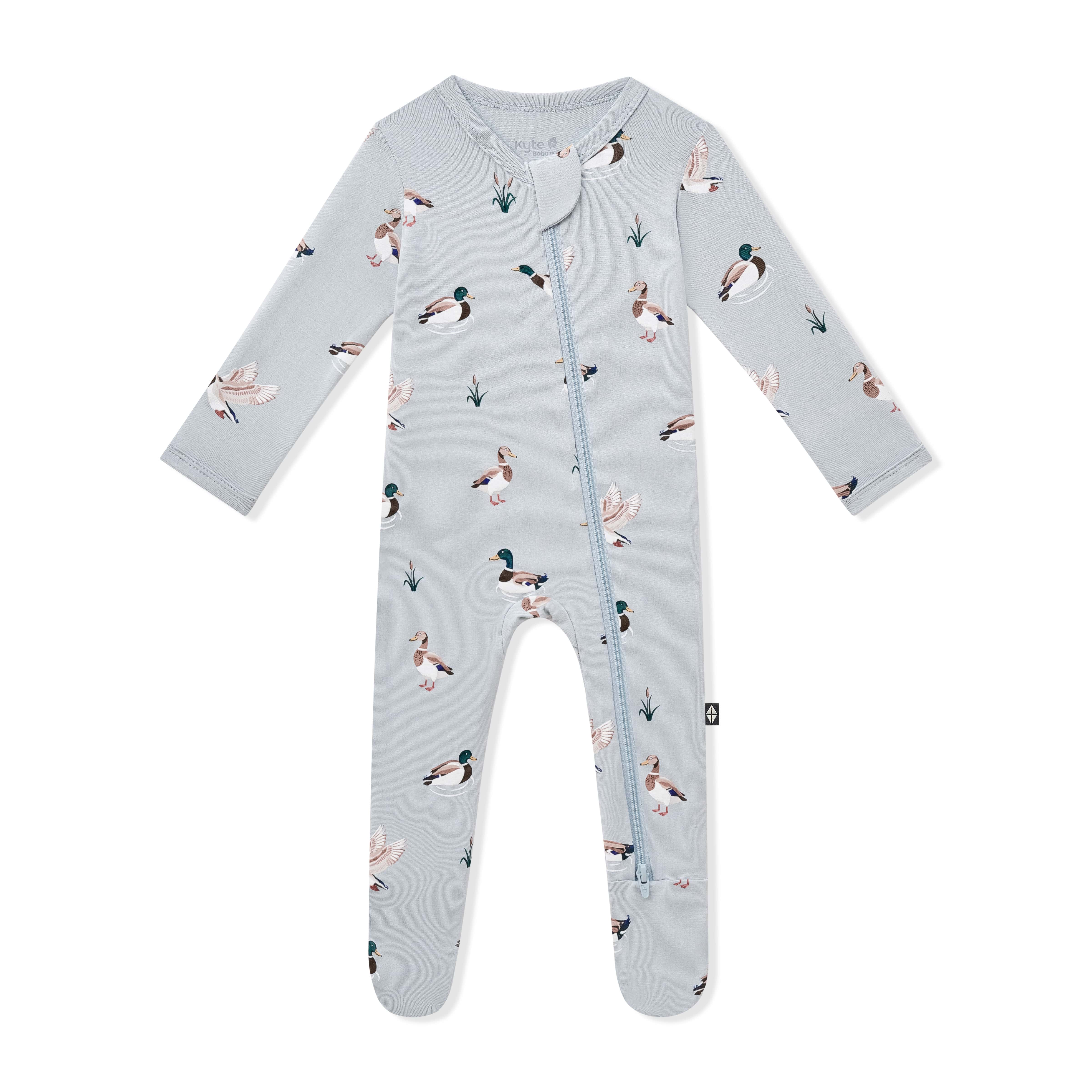 Product photo of the Zippered Footie in Mallard Duck on a white background
