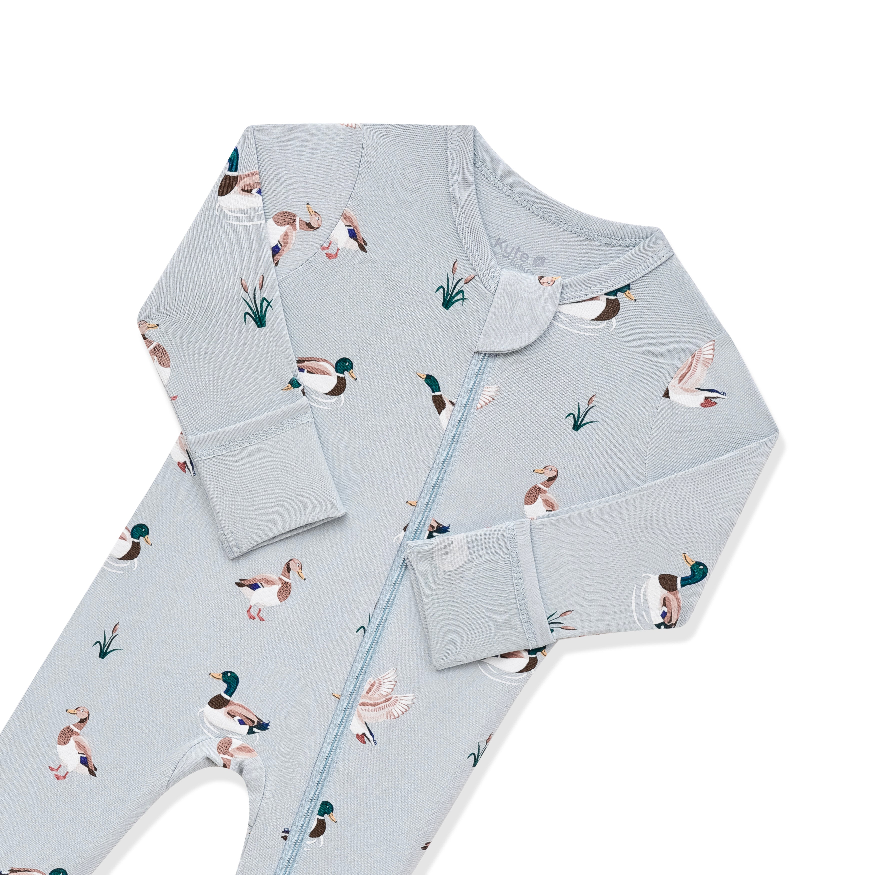 Close up of the zipper garage and fold over hand cuffs on the Zippered Footie in Mallard Duck