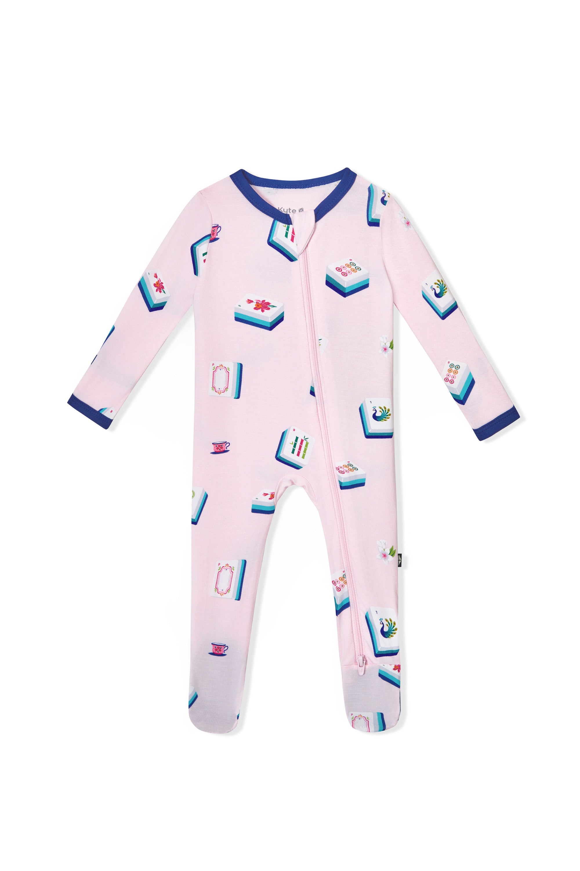 Pink Zippered Footie with Mahjong pattern on a white background