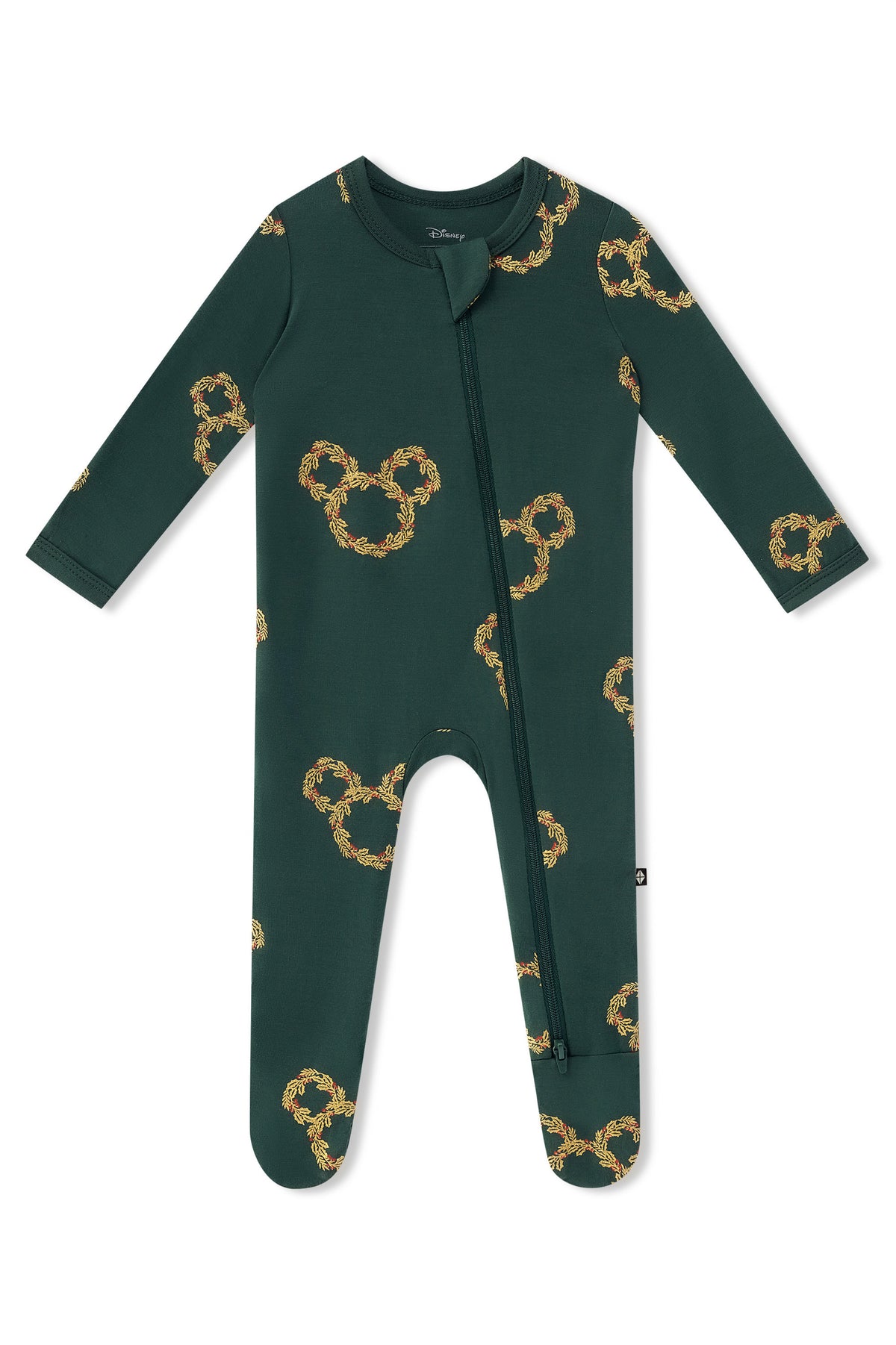 Zippered Footie in Mickey Christmas Wreath print on a white background