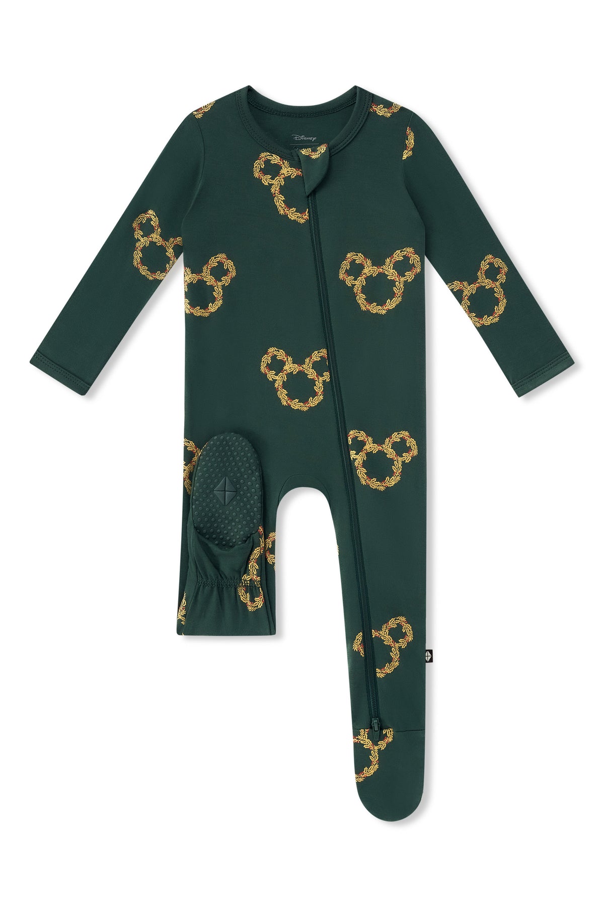 Zippered Footie in Mickey Christmas Wreath print with dotted footie on a white background