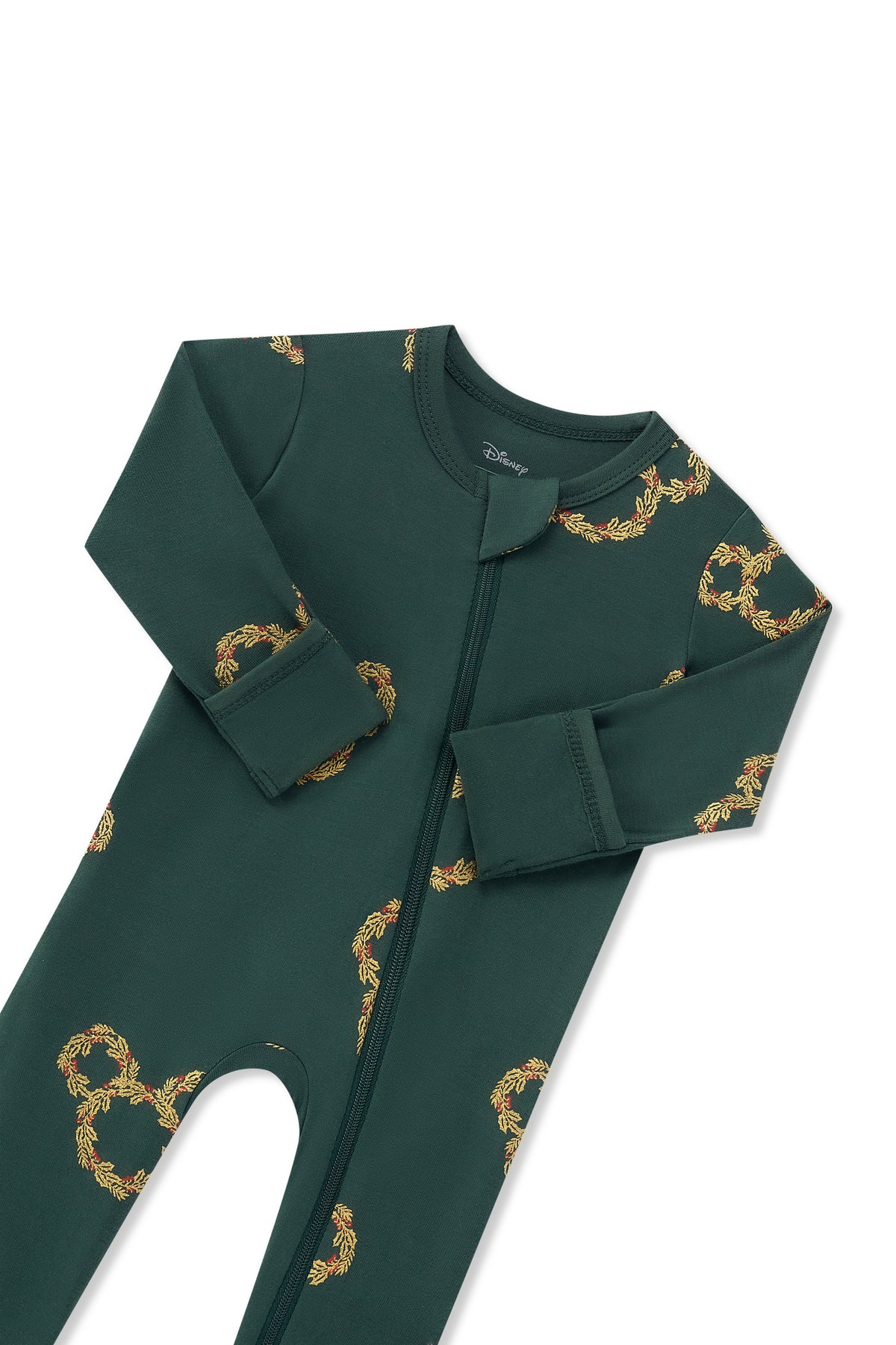 Zippered Footie in Mickey Christmas Wreath print with zipper garage on a white background