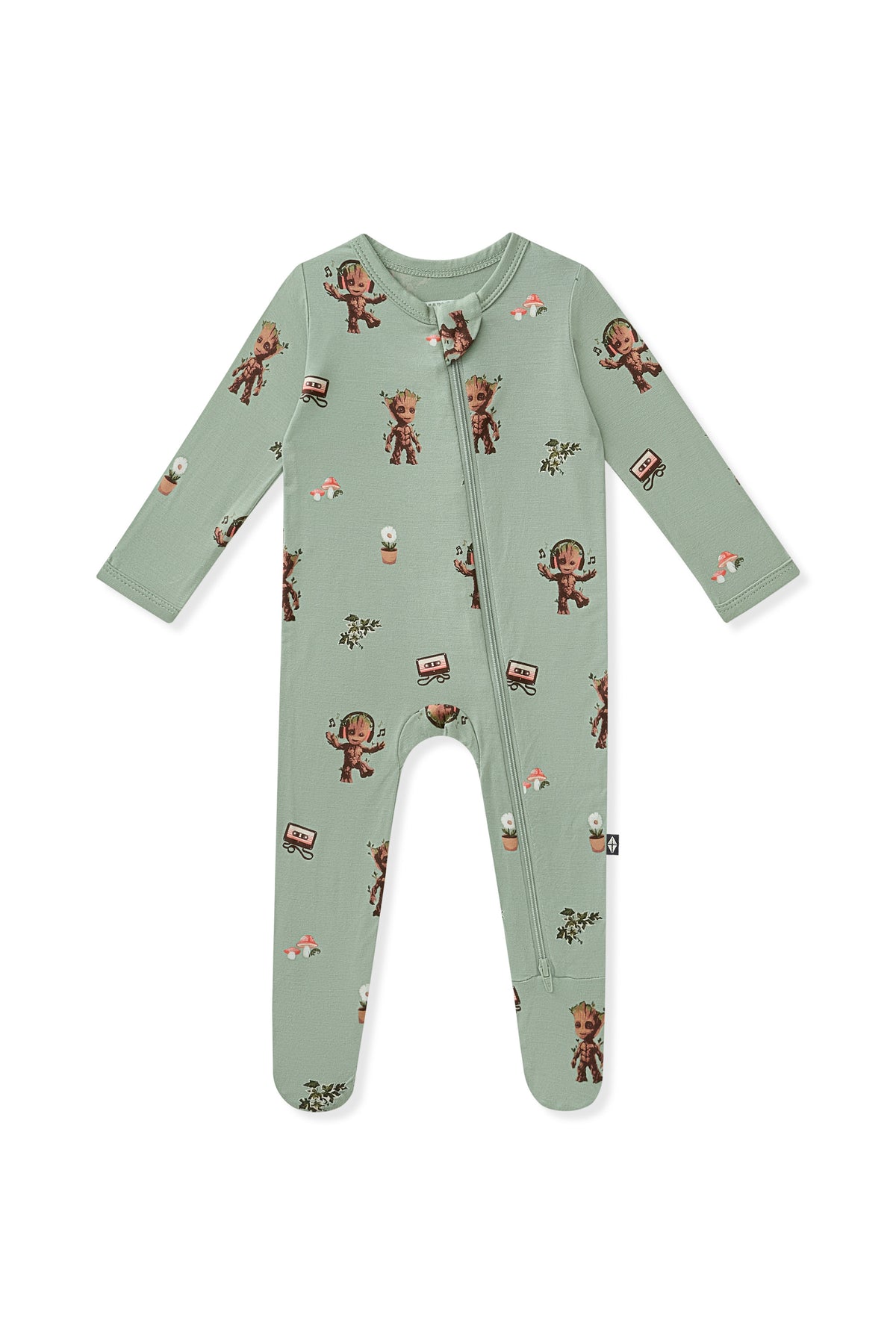 Green Zippered Footie in Groot print on white background