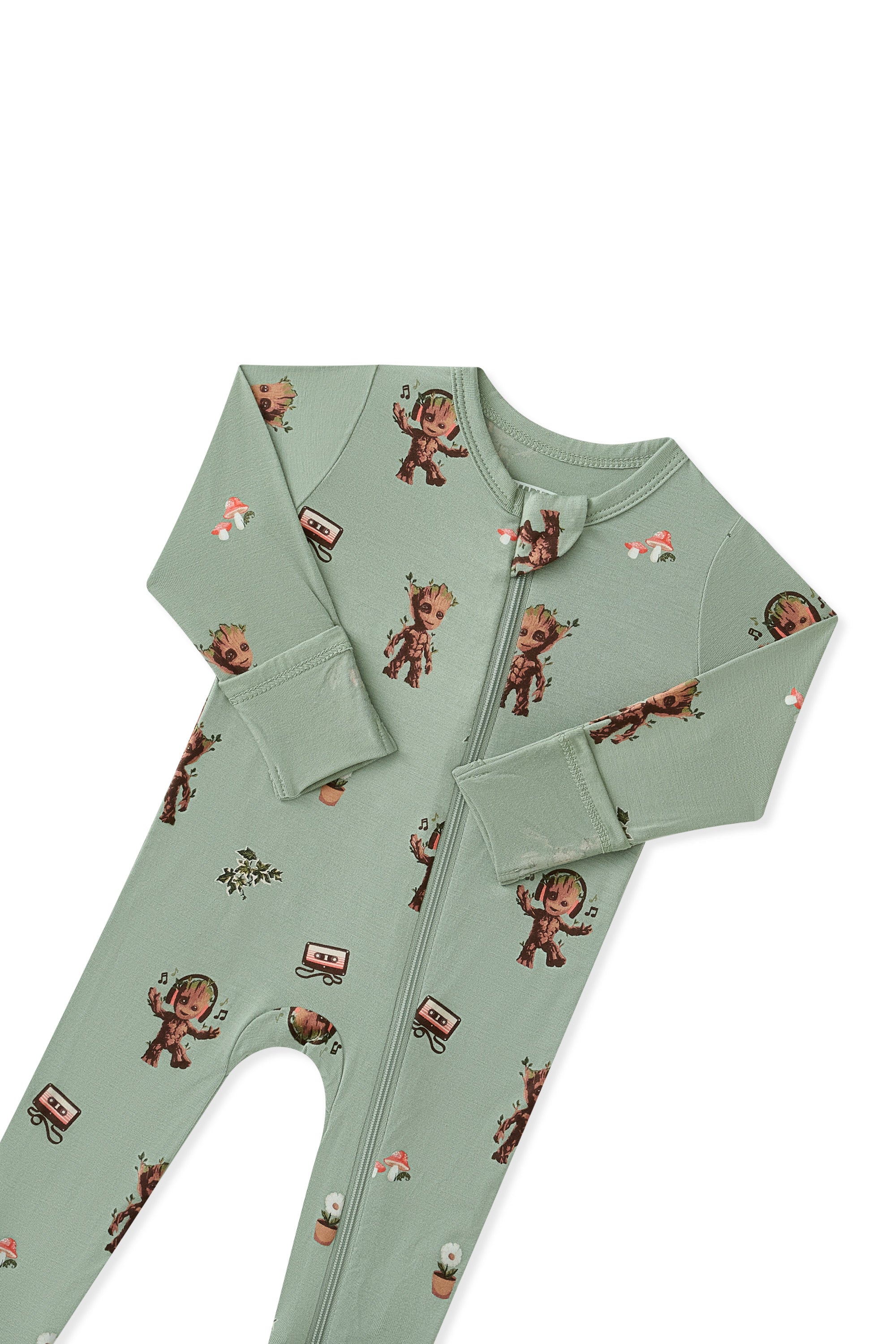 Top part of Green Zippered Footie in Groot print on white background