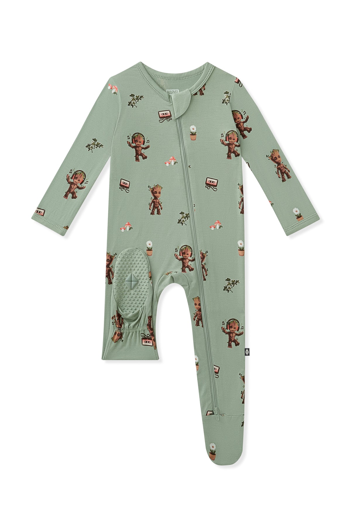 Bottom footies of Green Zippered Footie in Groot print on white background