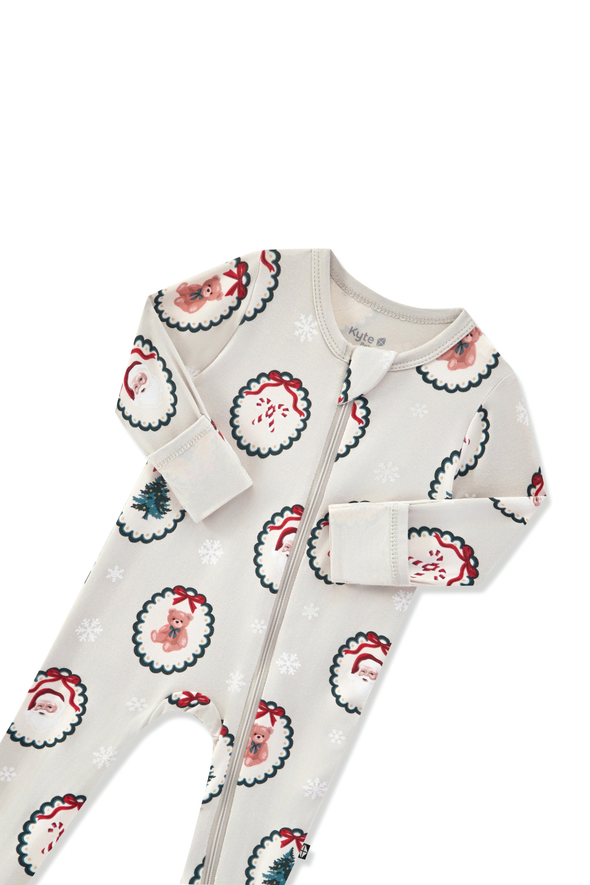 Zippered Footie in Holiday Medallion print with zipper garage on a white background