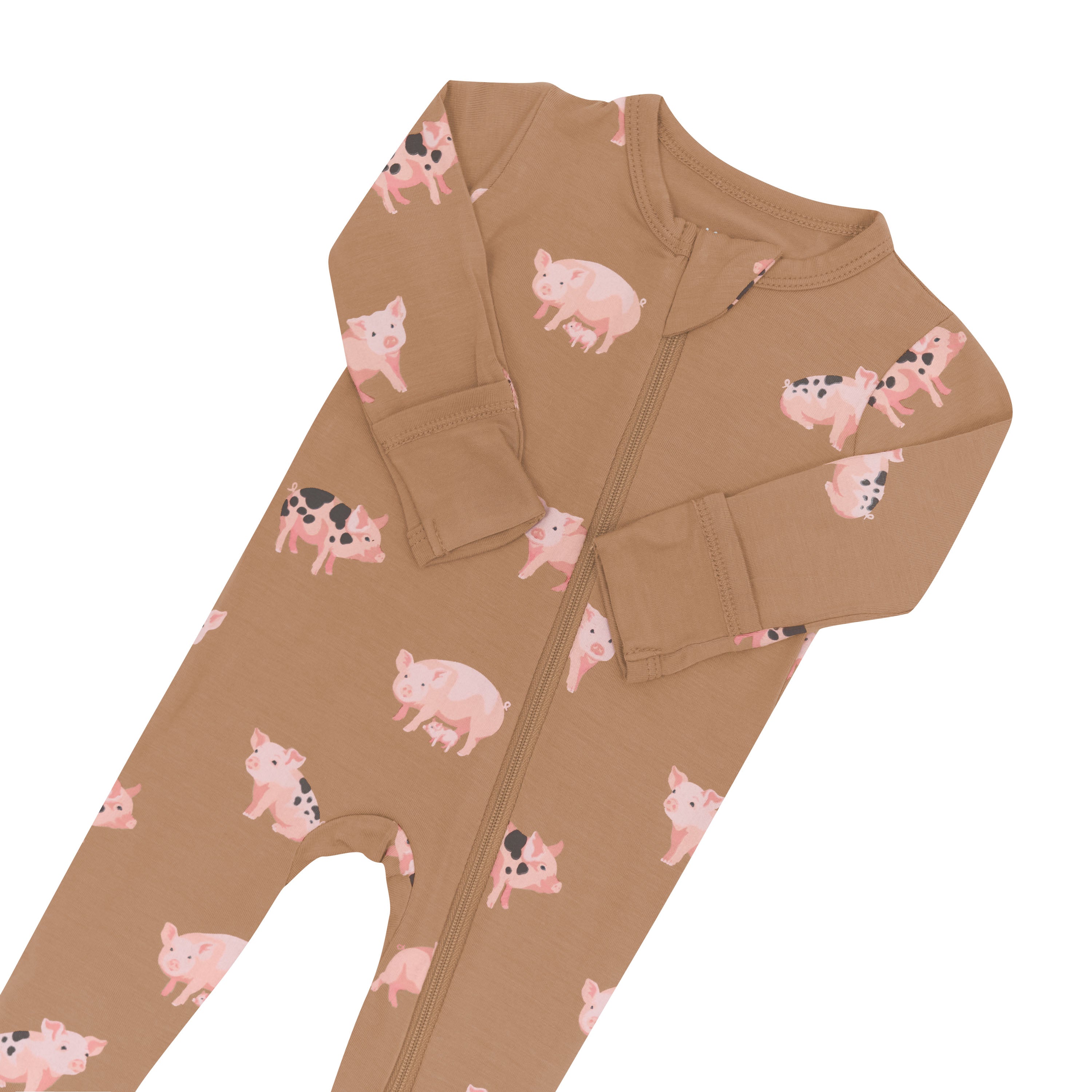 Fold over cuffs on Zippered Footie pajamas in Pig