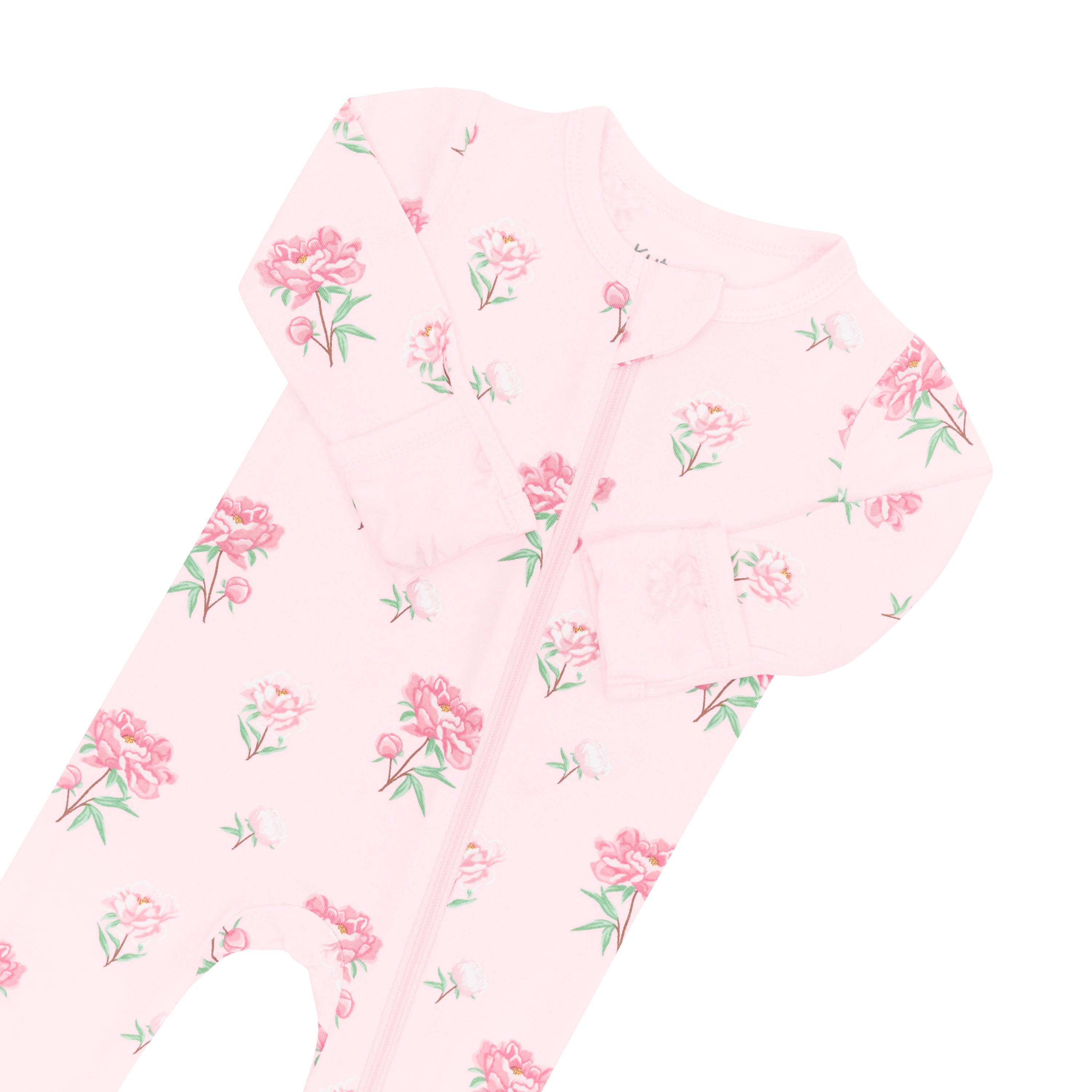 Fold over cuffs on bamboo Zippered Footie in Sakura Peony