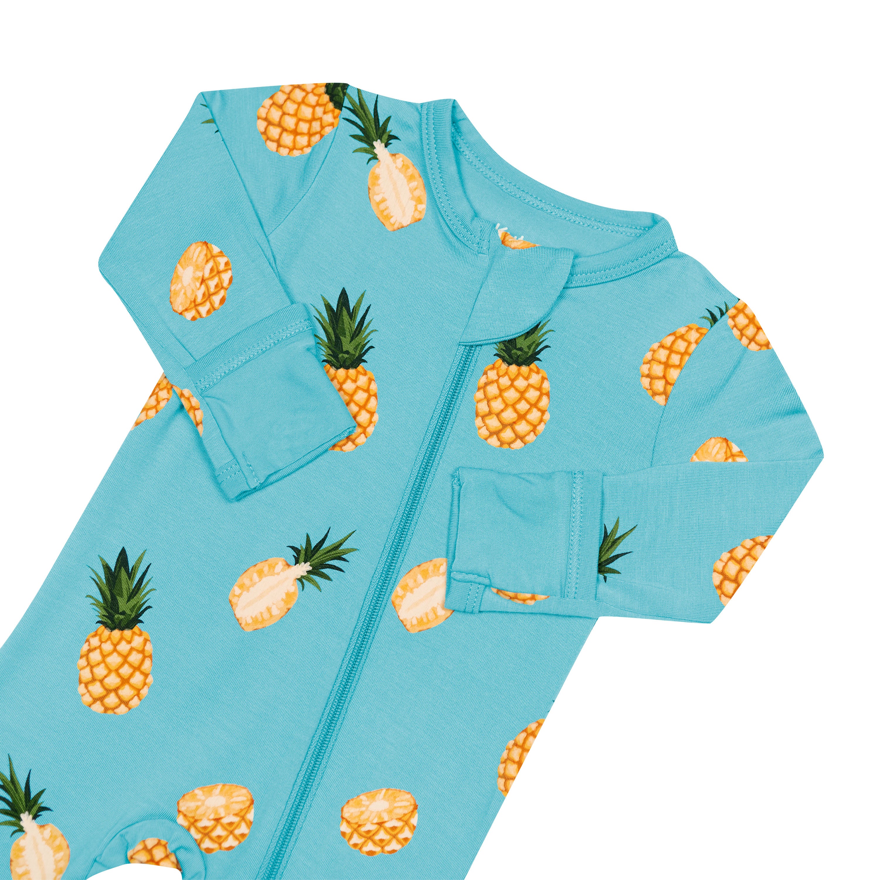 Zippered Footie in Pineapple close up on mitten and zipper garage