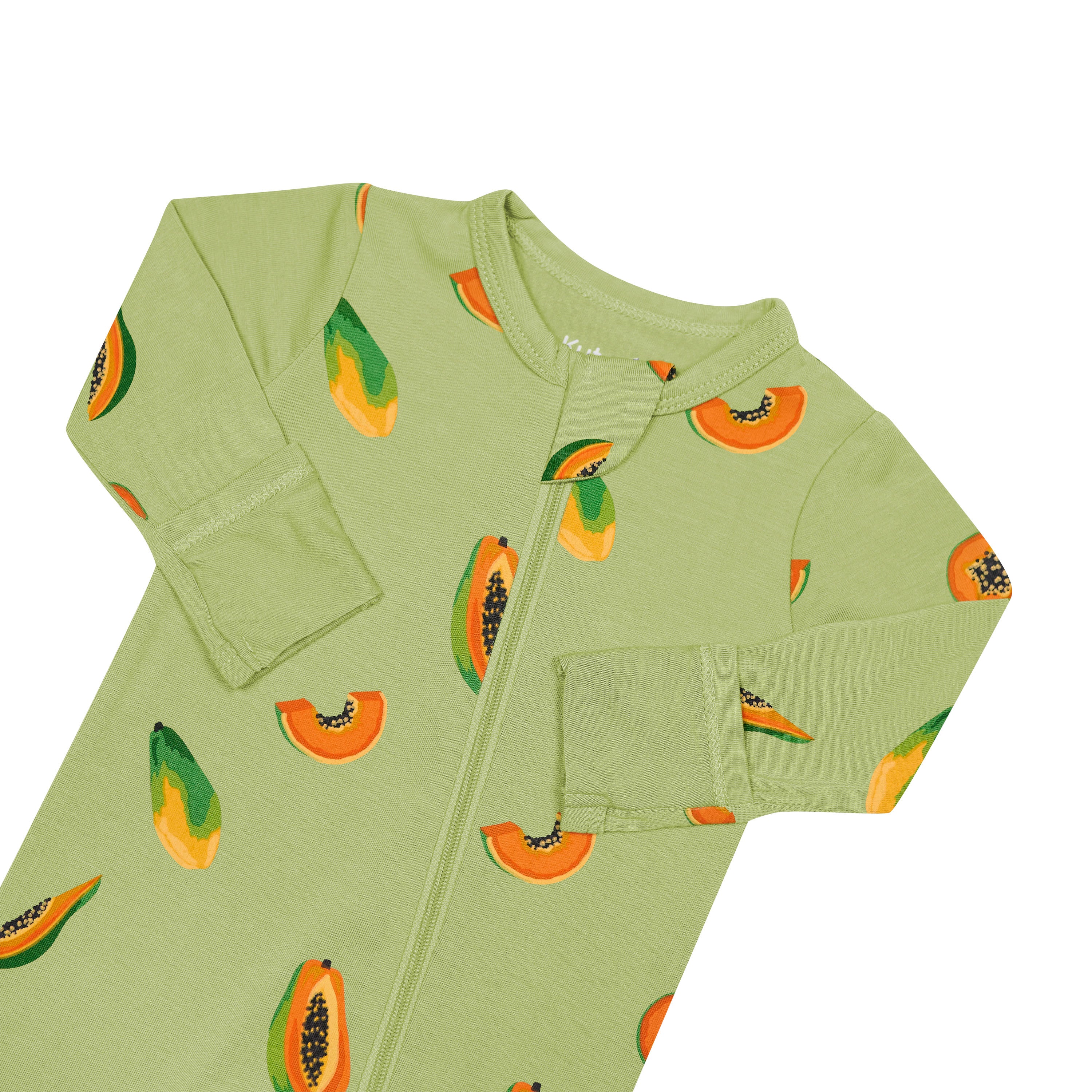 Zippered Footie in Papaya close up on zipper garage and mittens
