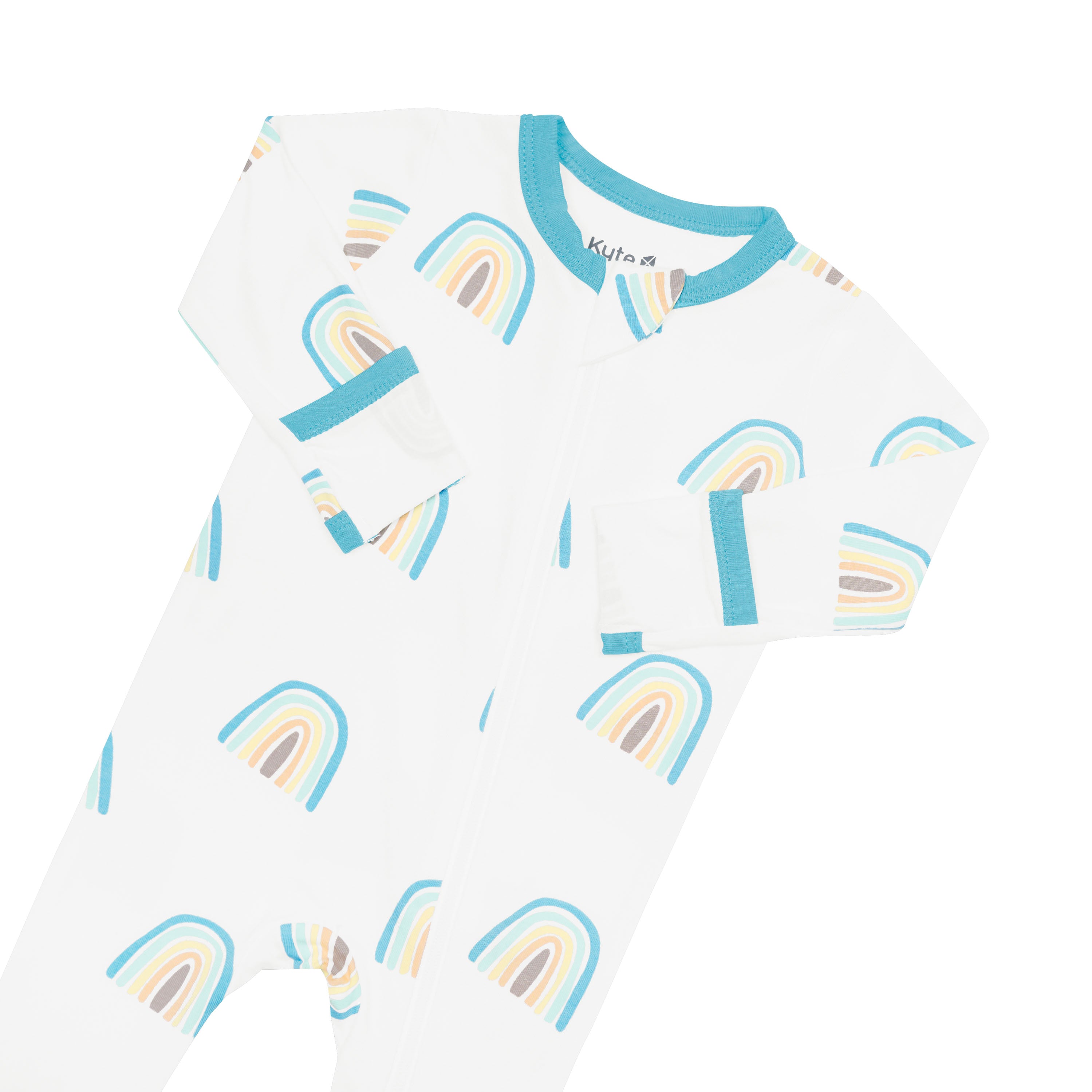 Foldover cuffs on Zippered Footie bamboo pajamas in Makai Rainbow