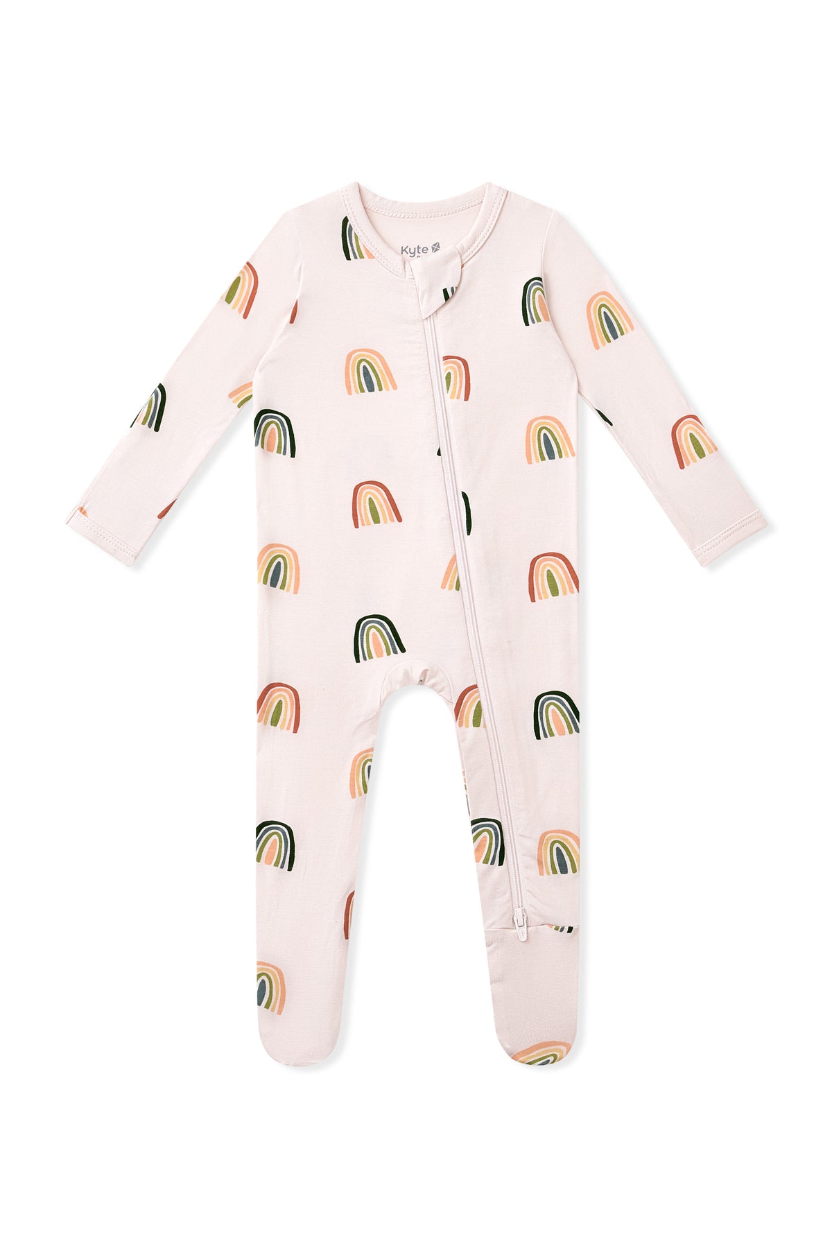 Vanilla cream Zippered Footie in Retro Rainbow print on a white background