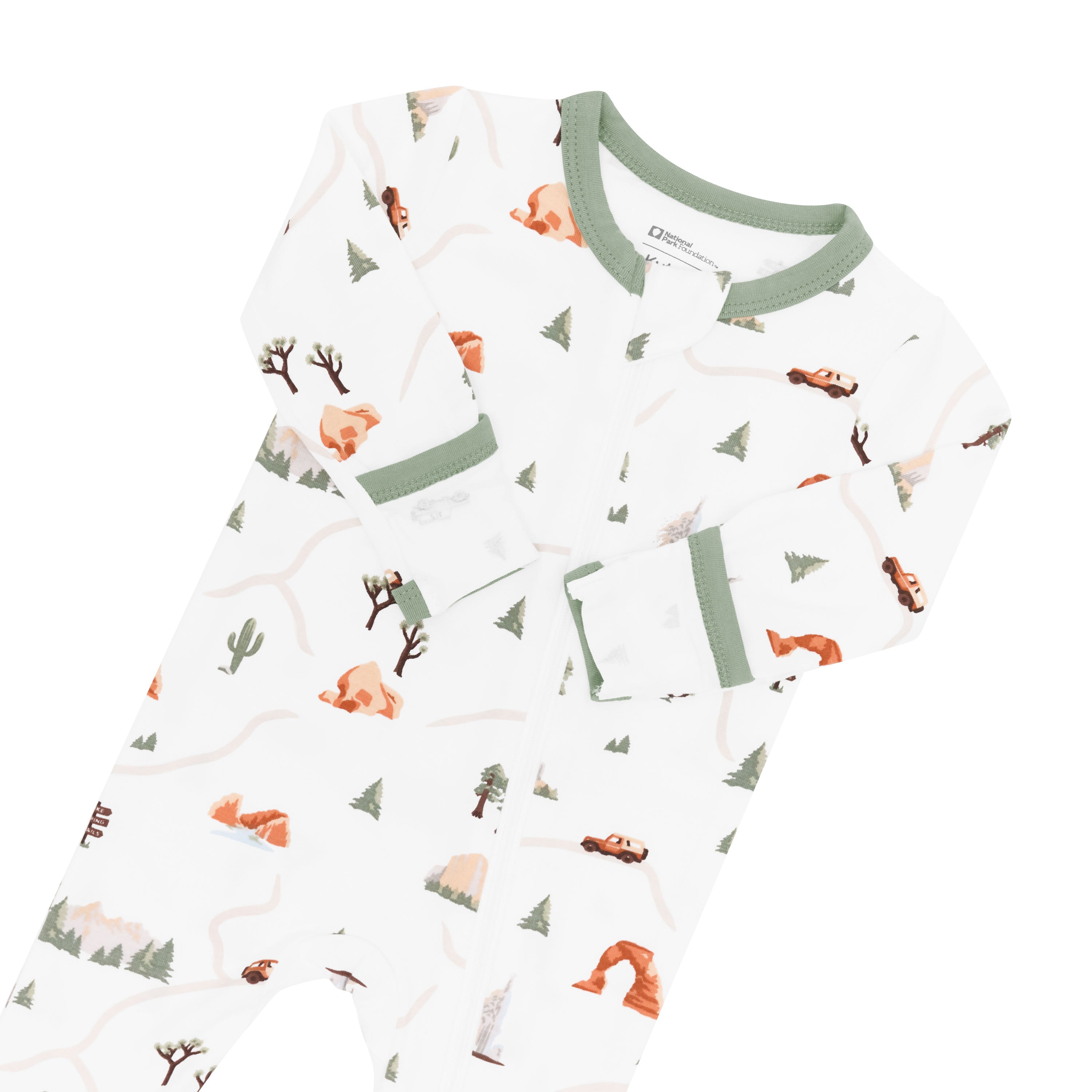 Fold over mittens on Zippered Footie pajamas in Road Trip