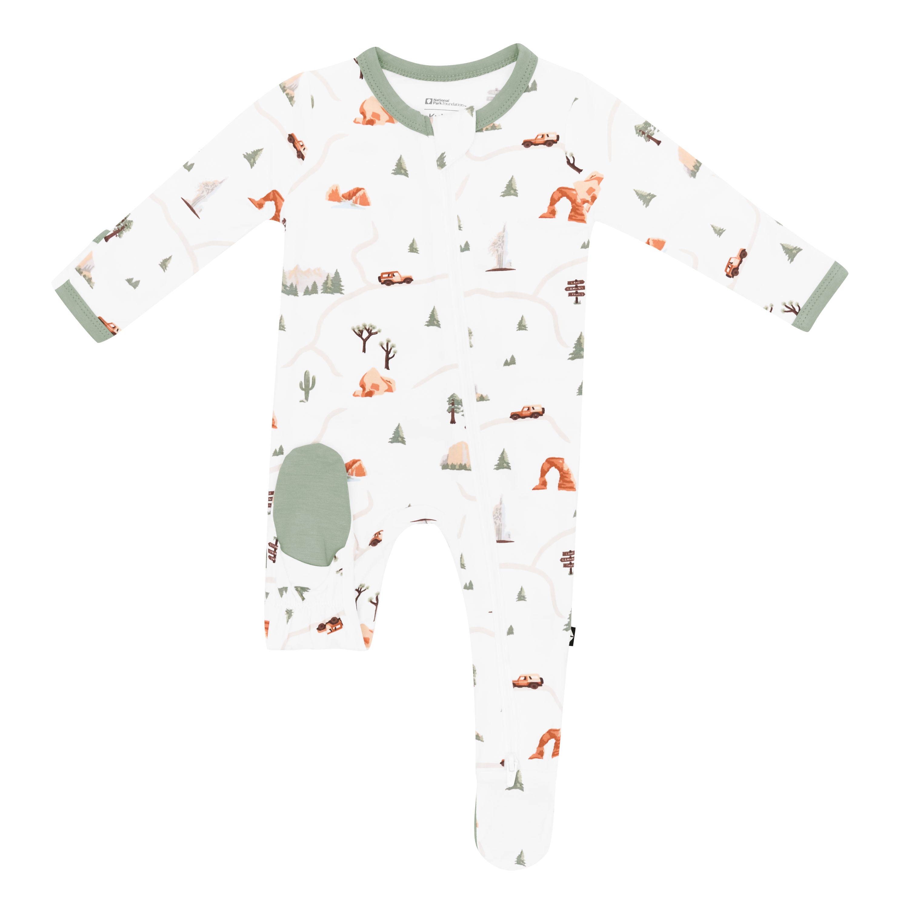 Sole grips on Zippered Footie in Road Trip with Thyme green trim