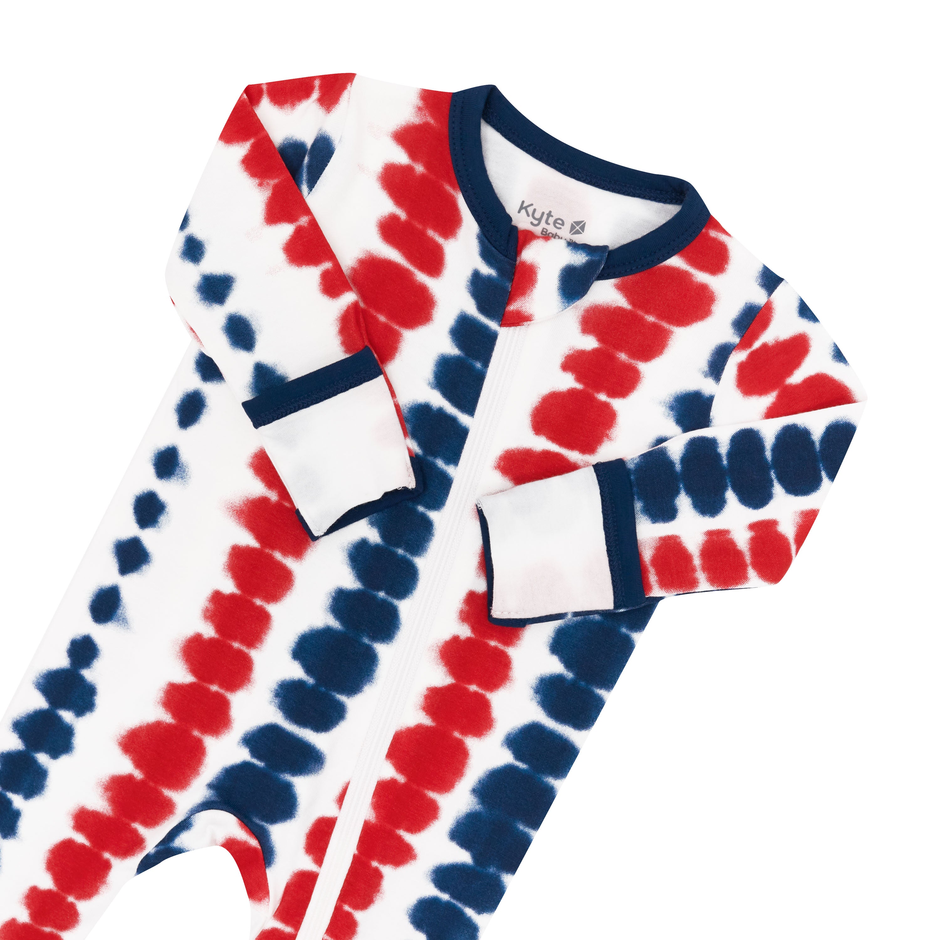 Close up of zipper garage and colored trim on the Zippered Footie in Liberty Rip Tide