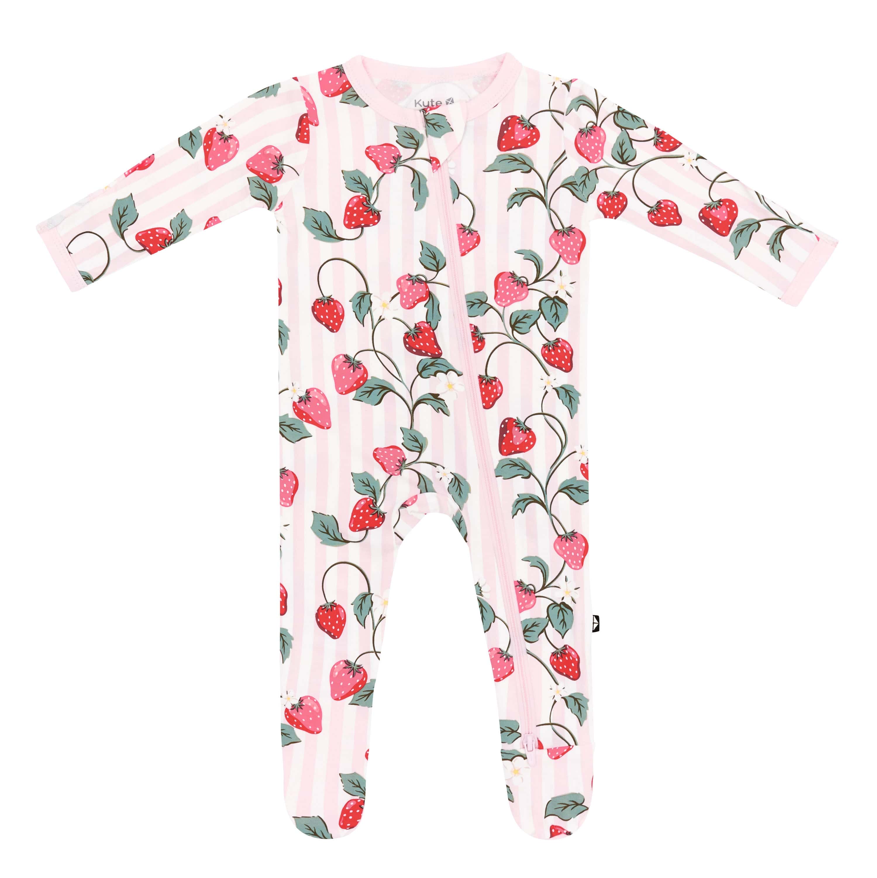 Product photo of the Zippered Footie in Strawberry Fields