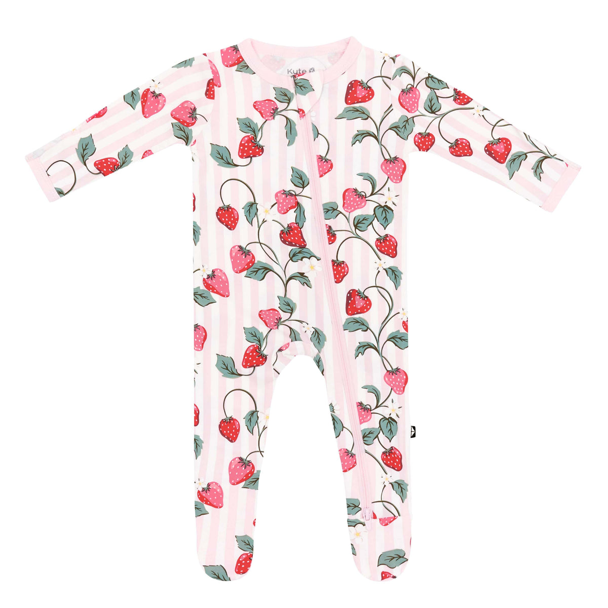 Product photo of the Zippered Footie in Strawberry Fields