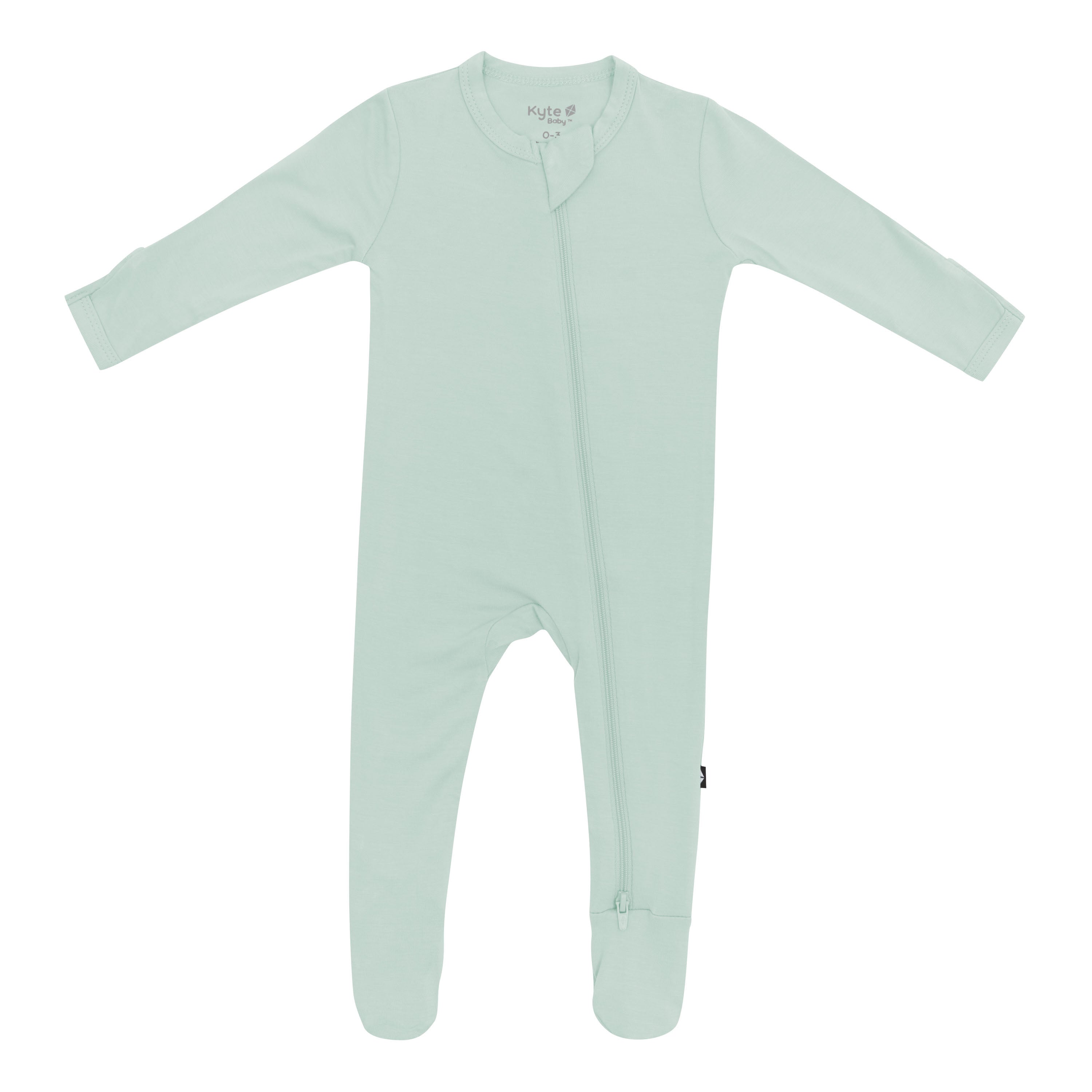 Flat lay of Kyte Baby Zippered Footie in Sage