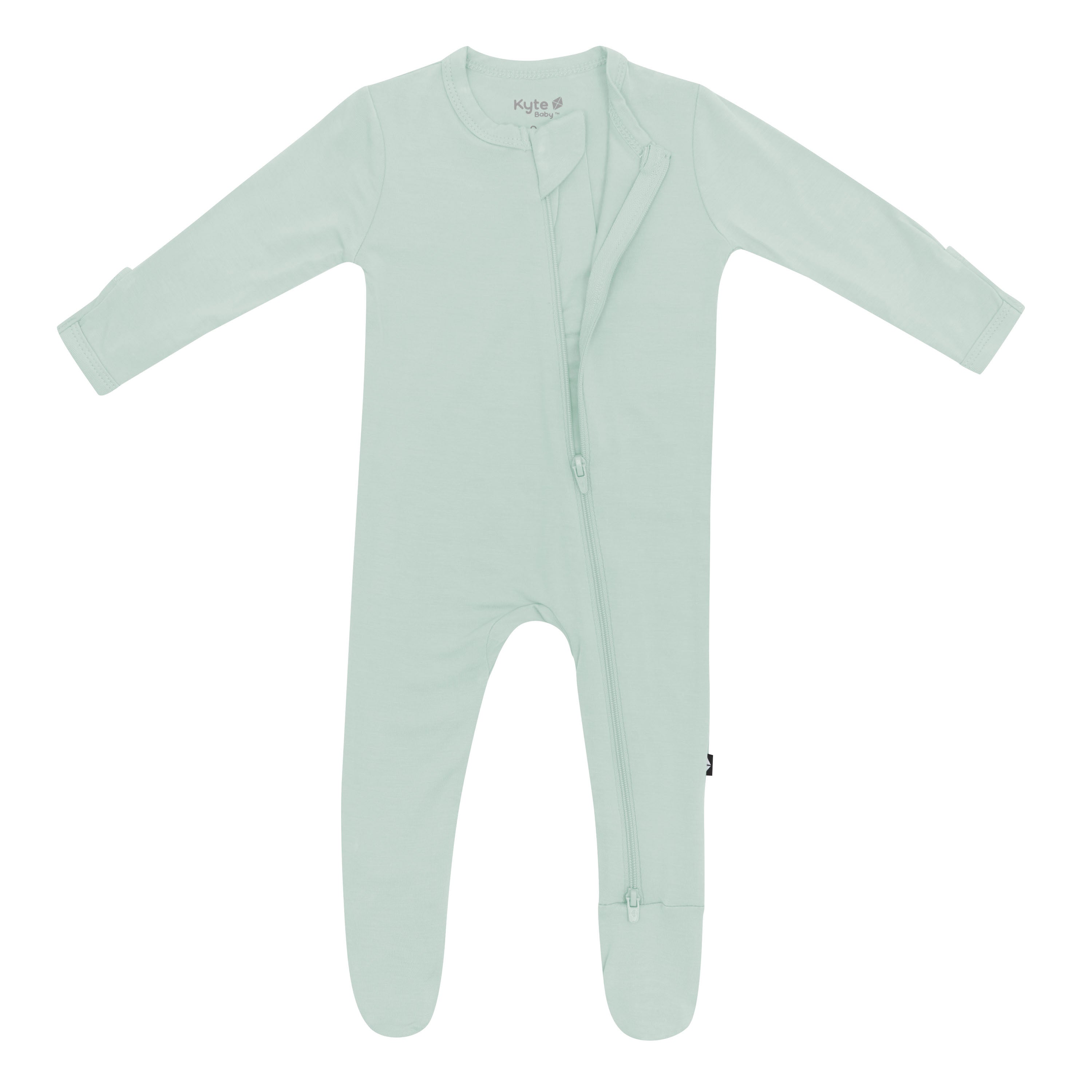 Dual zipper partially unzipped from the top on the Zippered Romper in Sage