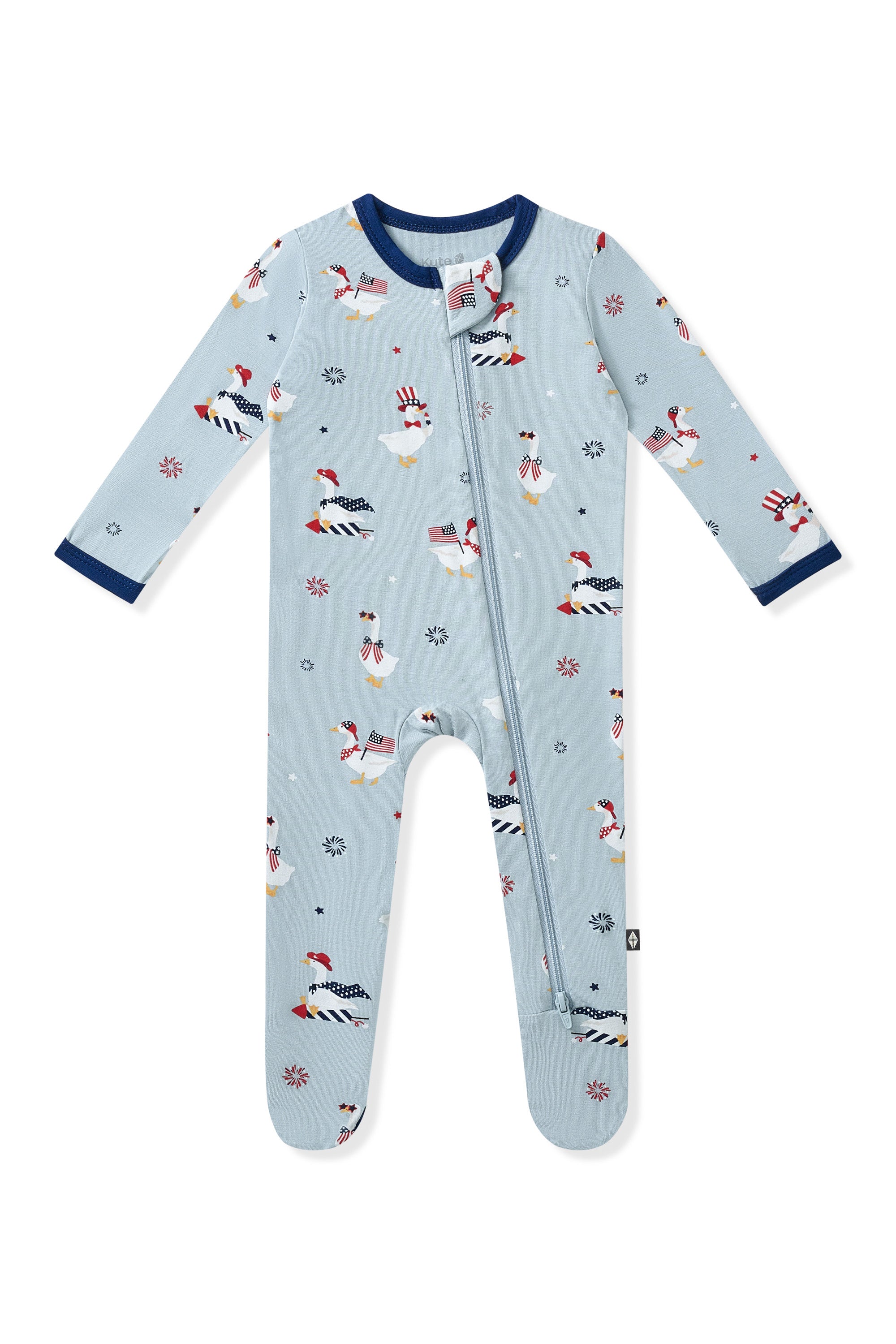 Light blue Zippered Footie in Patriotic Goose print on a white background
