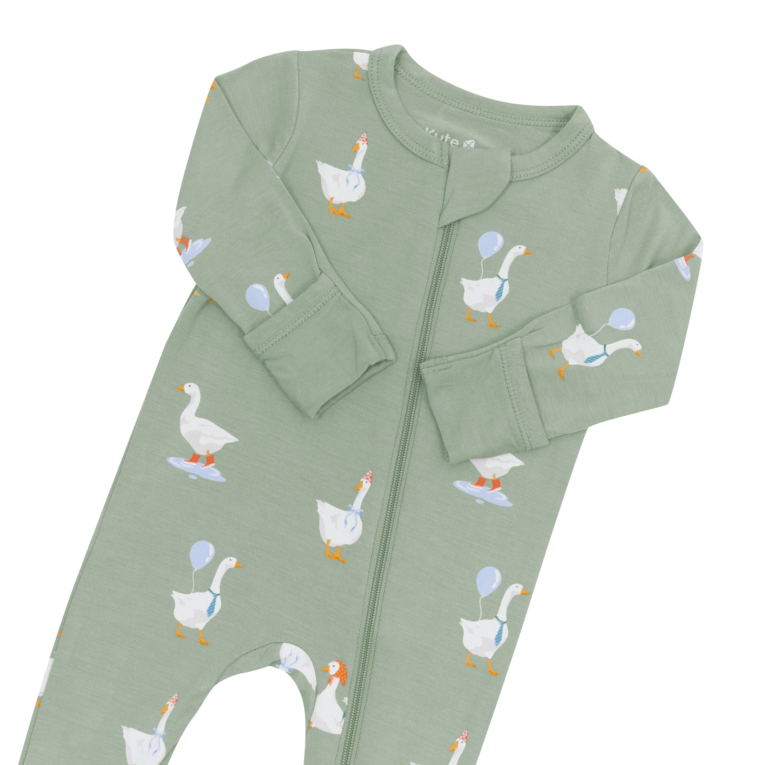 Zipper garage and fold over cuffs on the Zippered Footie pajamas in Silly Goose