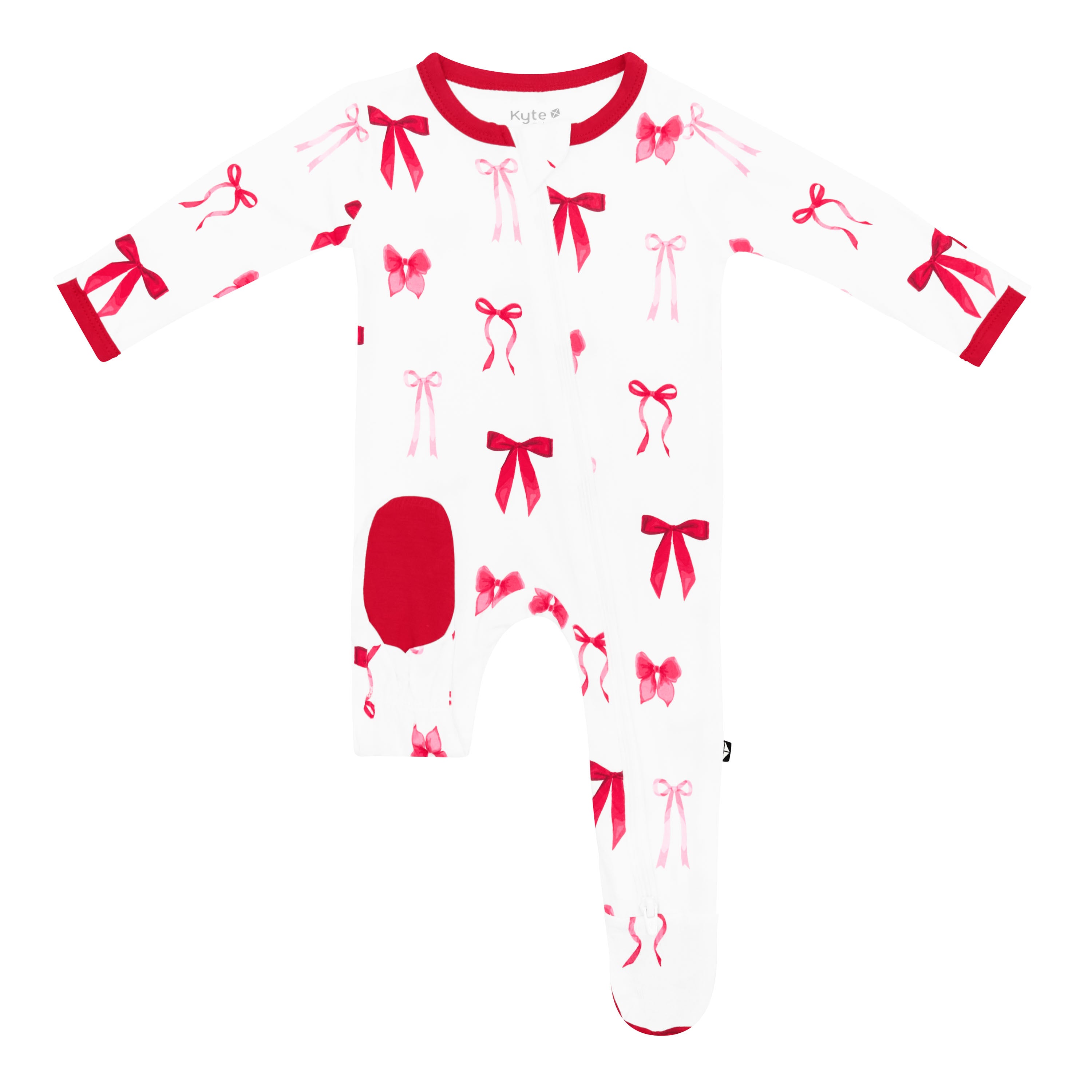 The red pad foot shown on the Zippered Footie in Small Love Bow