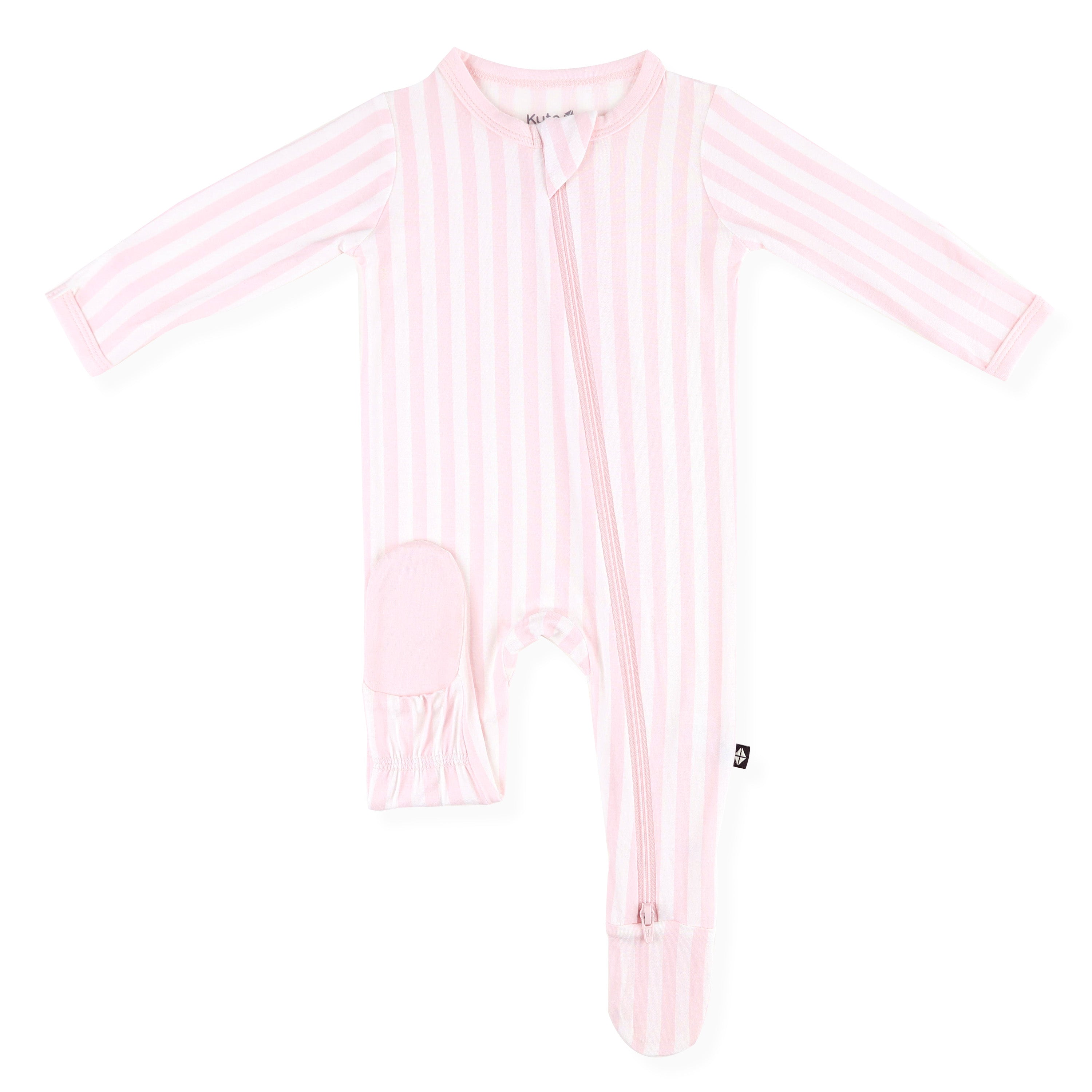 Product photo of the Zippered Footie in Small Sakura Stripe showing the bottom of a foot pad