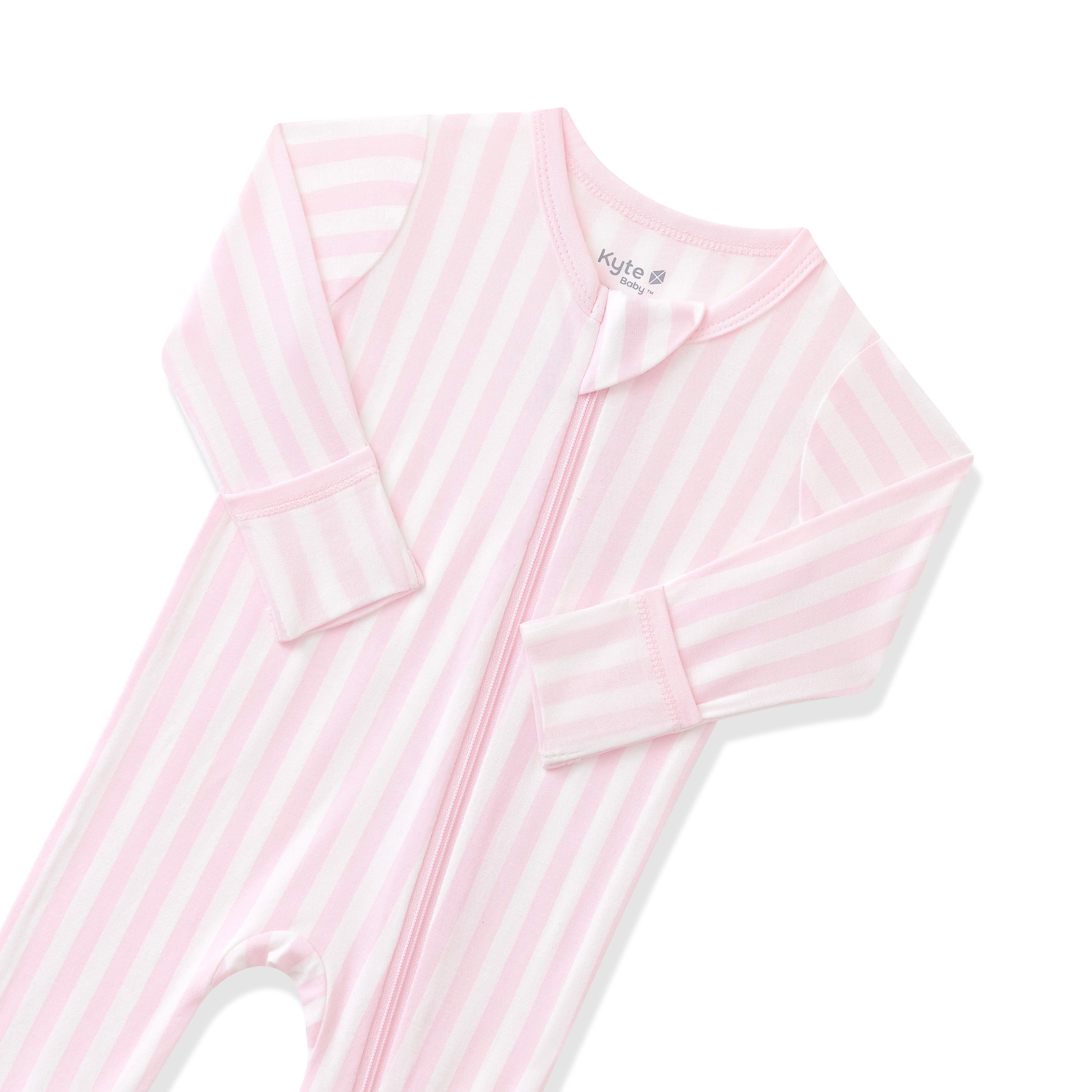 Zipper garage and fold over hand covers shown on the Zippered Footie in Small Sakura Stripe
