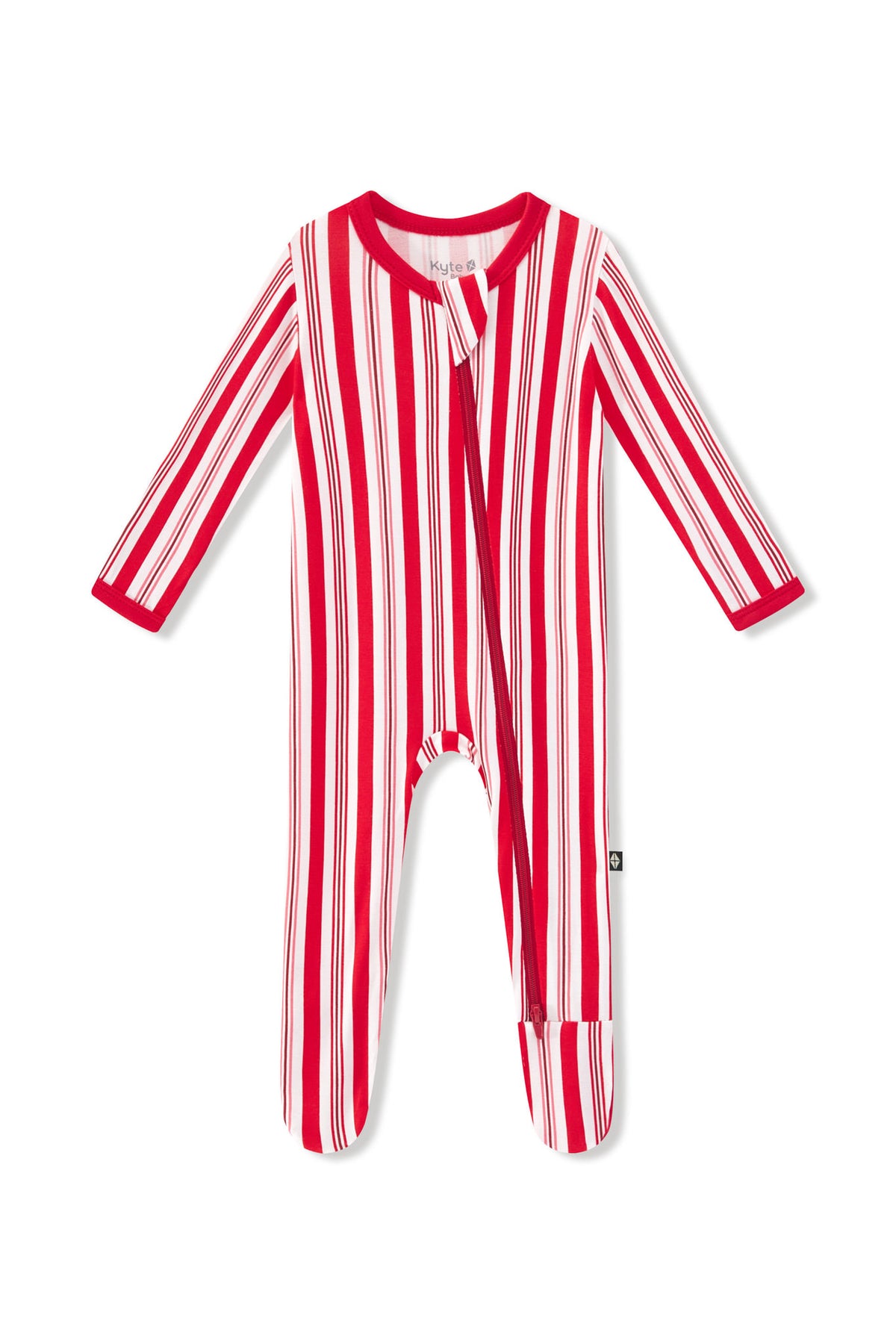 Zippered Footie in red and white Peppermint Stripes print on a white background