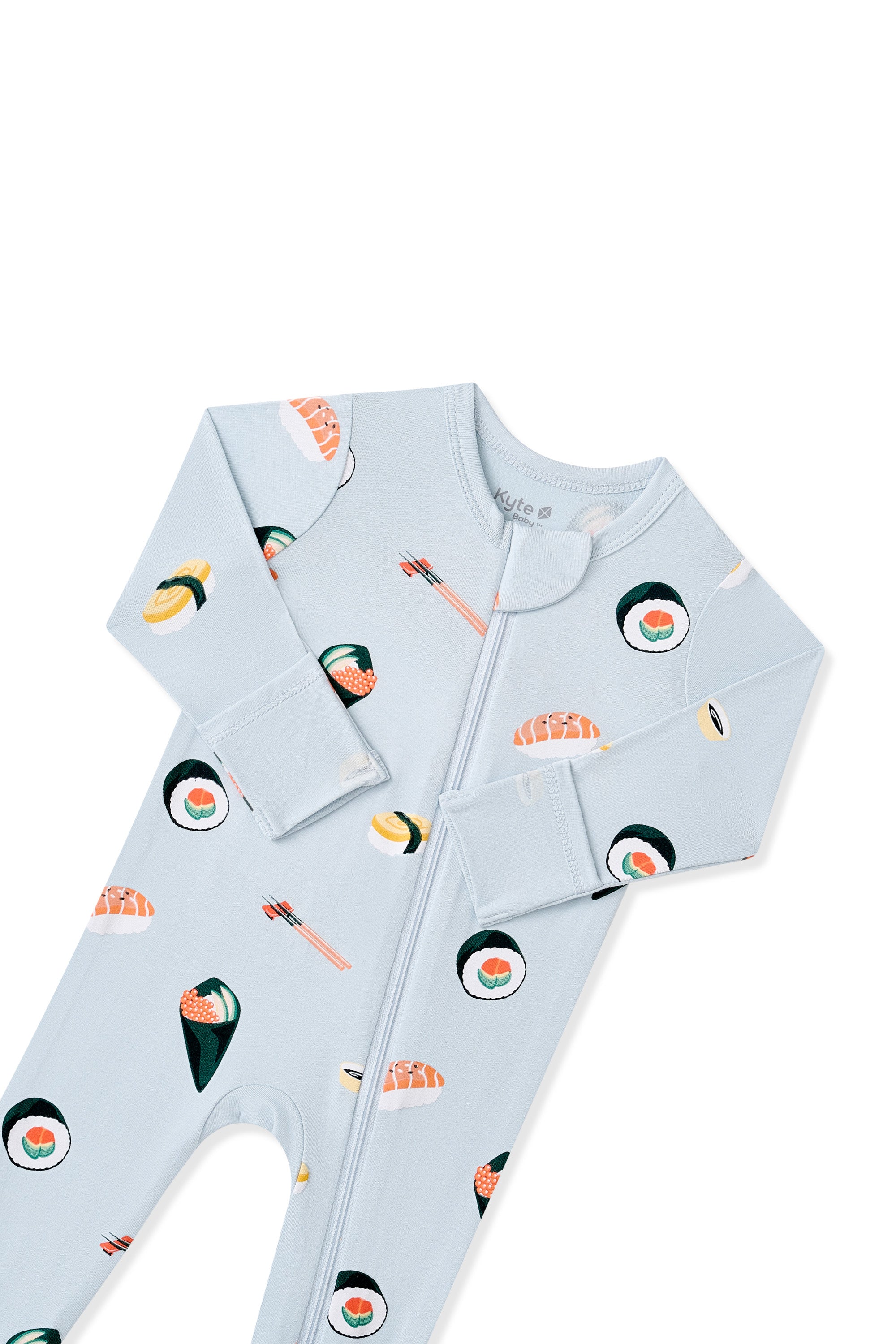 Top part of Blue Zippered Footie with Sushi pattern on a white background