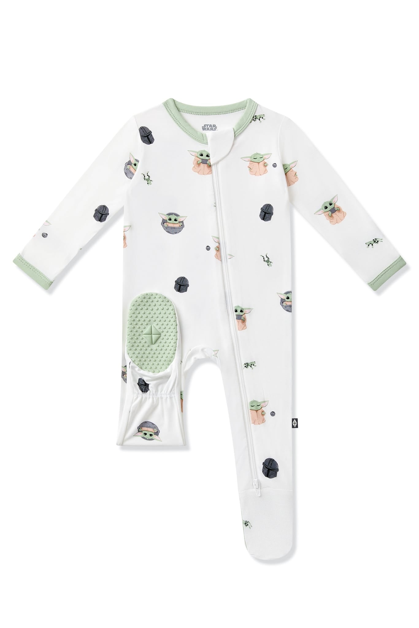 The bottom of the green colored foot pad showing the kyte baby logo on the Zippered Footie in Grogu™