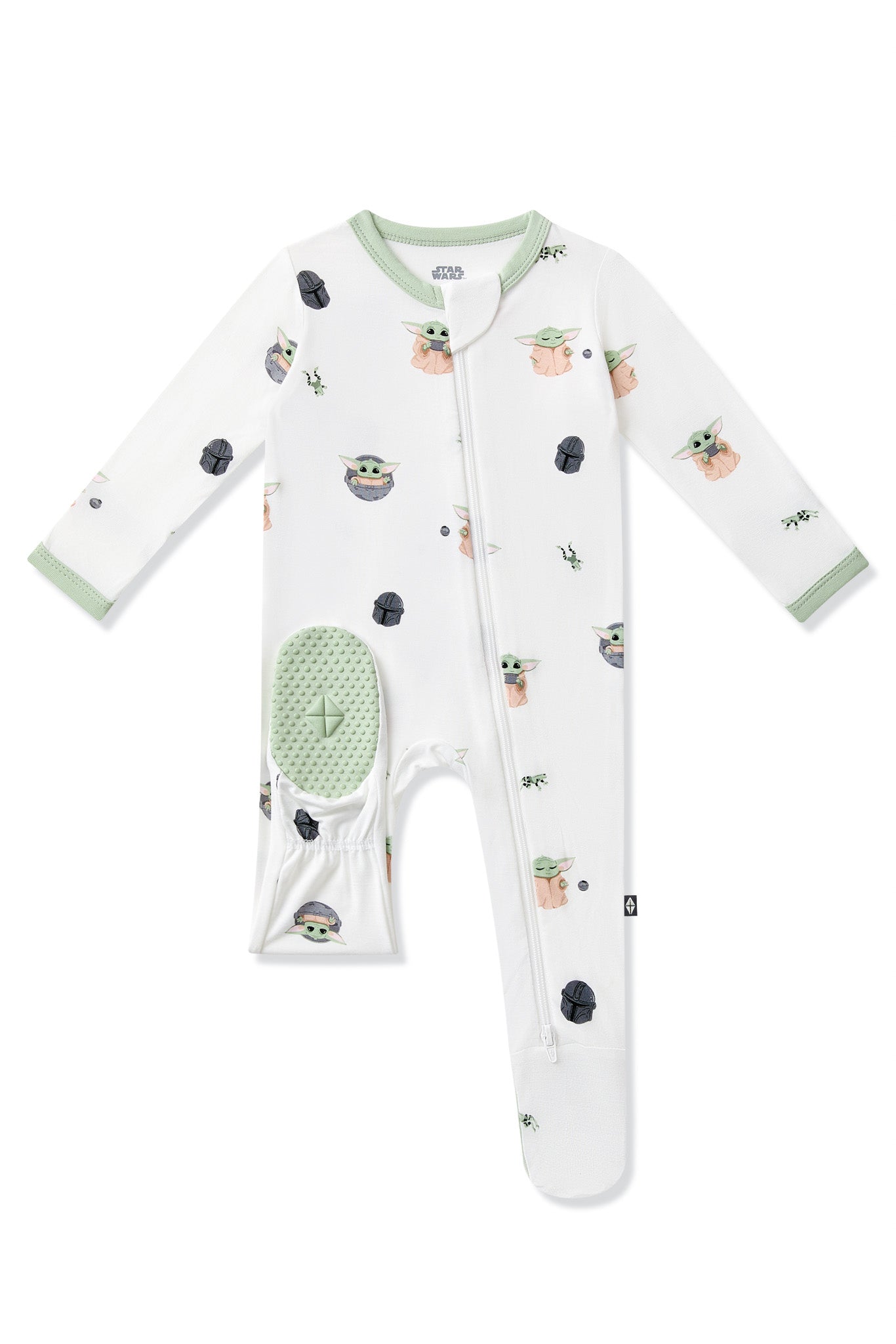 The bottom of the green colored foot pad showing the kyte baby logo on the Zippered Footie in Grogu™