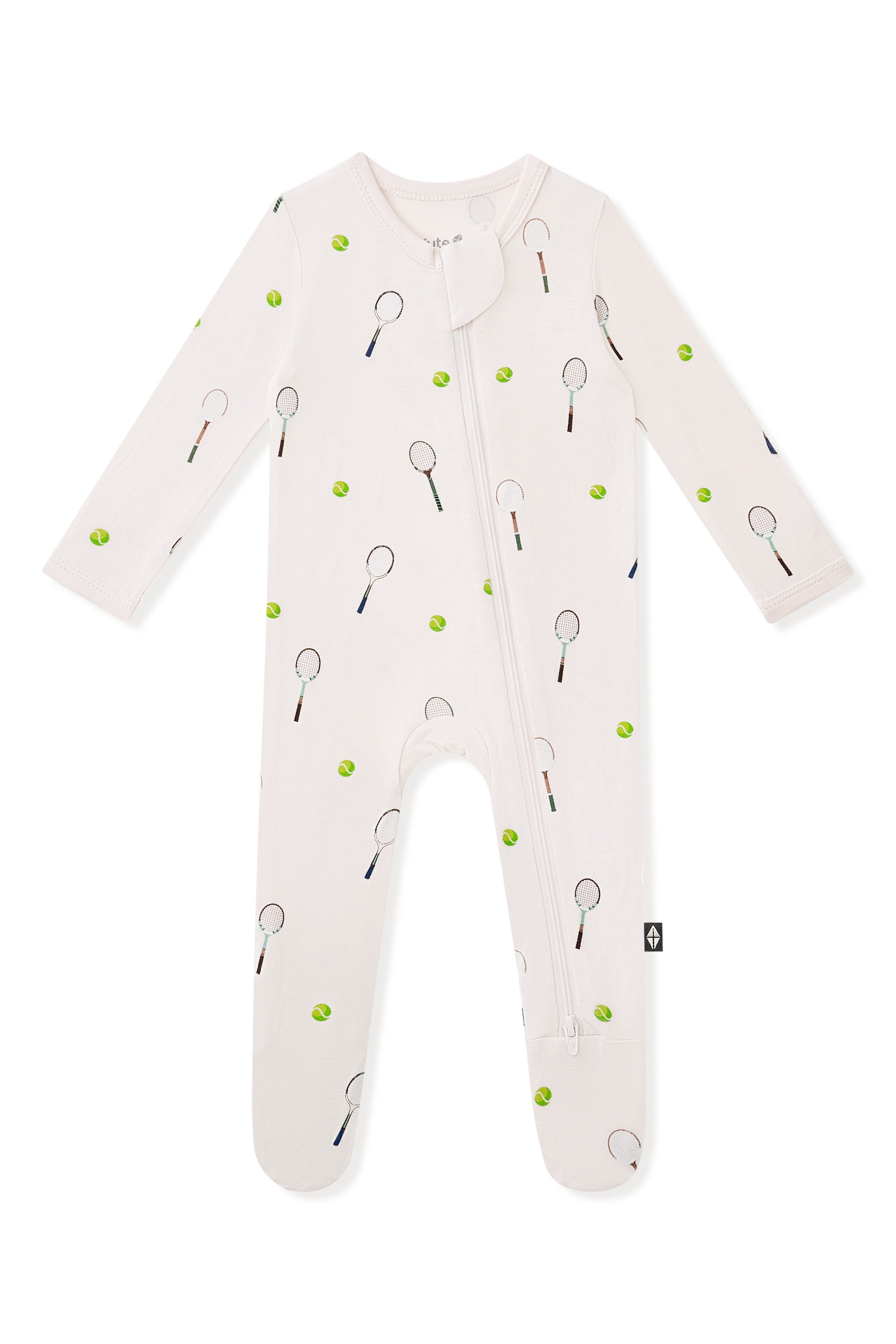 Zippered Footie in Tennis print on a white background